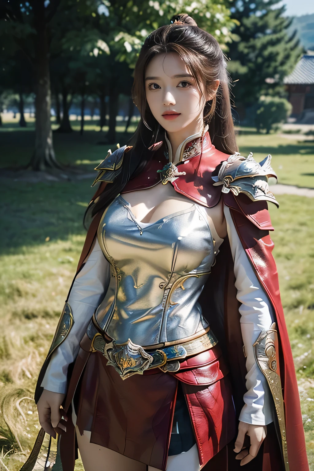 masterpiece,Best quality,A high resolution,8K,Original photo,real photo,Ancient city wall battlefield background,((field:1.8)),digital photography,(Female generals on the battlefield in the Han Dynasty),(((standing on the grass))),18-year-old girl,(long ponytail hairstyle),cparted lips,Full and erect breasts,Noble and charming,Elegant and serious,(Thick purple fish scale armor),Long red cape,The combination of white metal and red leather,Chest covered with gold armor,metallic luster,Leather buckle,Exquisite pattern,mysterious badge,Cool and gorgeouig breasts)),Chest groove,Three Kingdoms character painting style,Photo pose,oc render reflection texture,bright shades,No shadows on the face,charming smile,Head-up shot,