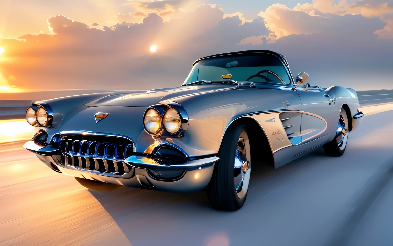 [carhelper:photohelper], Retrofutur, motion blur, CinemaHelper, Chrome reflections, sun flare, Extremely detailed, Intricate detailsmatte blue chevrolet corvette 1957 ) low rider, no chrome, golden glow underneath, background lightning and fog,