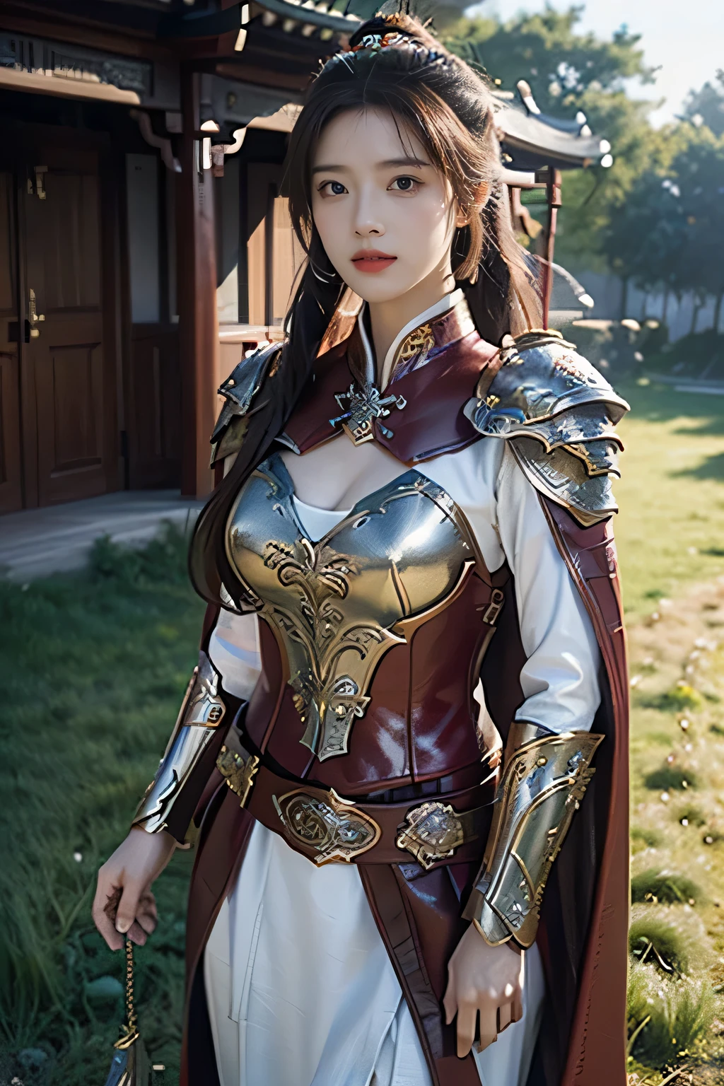 masterpiece,Best quality,A high resolution,8K,Original photo,real photo,Ancient city wall battlefield background,((field:1.8)),digital photography,(Female generals on the battlefield in the Han Dynasty),(((standing on the grass))),18-year-old girl,(long ponytail hairstyle),cparted lips,Full and erect breasts,Noble and charming,Elegant and serious,(Thick purple fish scale armor),Long red cape,The combination of white metal and red leather,Chest covered with gold armor,metallic luster,Leather buckle,Exquisite pattern,mysterious badge,Cool and gorgeouig breasts)),Chest groove,Three Kingdoms character painting style,Photo pose,oc render reflection texture,bright shades,No shadows on the face,charming smile,Head-up shot,
