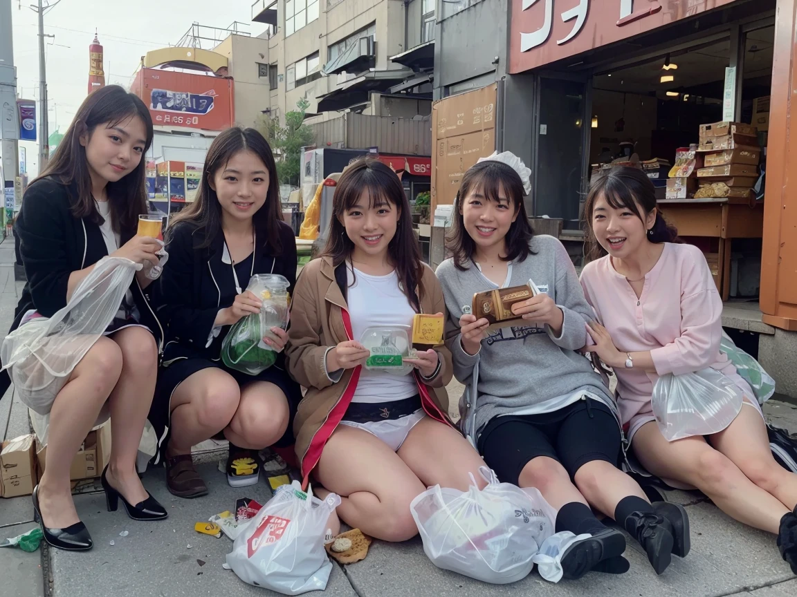 Highest image quality、highest quality、highest resolution、masterpiece、portrait、45 years old、((There are 4 cute and beautiful mature women:1.5))、((light brown long curly hair))、((full body shot))、looking at camera、shot at low angle、((I drank too much whiskey and am quite drunk.:1.2))、pretty sleepy face、smile、cheeks are red、(Are thin:1.5)、Fashion colors are coordinated with elegant hues、Patterned blouse and navy miniskirt、roll up the skirt yourself、Beautiful jacket、lace bra and panties、garter belt and stockings、high heels、Shoulder bag、((The location is the sidewalk in front of a luxury department store during the day.))、((cardboard is laid out))、((underwear and clothes、Empty whiskey bottle、Plastic bottles of juice、lunch box container、and a bag of snacks、Convenience store plastic bags are scattered around her.:1.5))