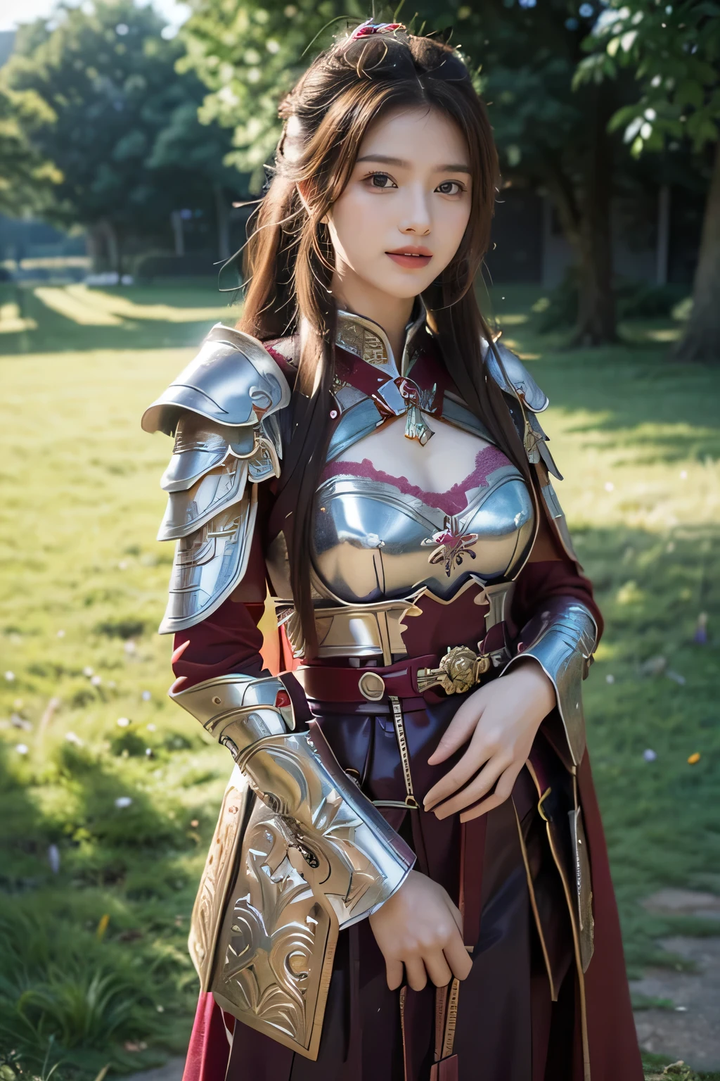 masterpiece,Best quality,A high resolution,8K,Original photo,real photo,Ancient city wall battlefield background,((field:1.8)),digital photography,(Female generals on the battlefield in the Han Dynasty),(((standing on the grass))),18-year-old girl,(long ponytail hairstyle),cparted lips,Full and erect breasts,Noble and charming,Elegant and serious,(Thick purple fish scale armor),Long red cape,The combination of white metal and red leather,Chest covered with gold armor,metallic luster,Leather buckle,Exquisite pattern,mysterious badge,Cool and gorgeouig breasts)),Chest groove,Three Kingdoms character painting style,Photo pose,oc render reflection texture,bright shades,No shadows on the face,charming smile,Head-up shot,