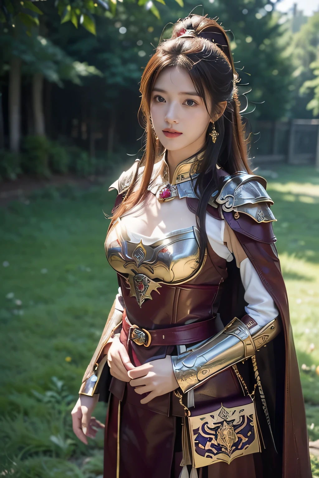 masterpiece,Best quality,A high resolution,8K,Original photo,real photo,Ancient city wall battlefield background,((field:1.8)),digital photography,(Female generals on the battlefield in the Han Dynasty),(((standing on the grass))),18-year-old girl,(long ponytail hairstyle),cparted lips,Full and erect breasts,Noble and charming,Elegant and serious,(Thick purple fish scale armor),Long red cape,The combination of white metal and red leather,Chest covered with gold armor,metallic luster,Leather buckle,Exquisite pattern,mysterious badge,Cool and gorgeouig breasts)),Chest groove,Three Kingdoms character painting style,Photo pose,oc render reflection texture,bright shades,No shadows on the face,charming smile,Head-up shot,