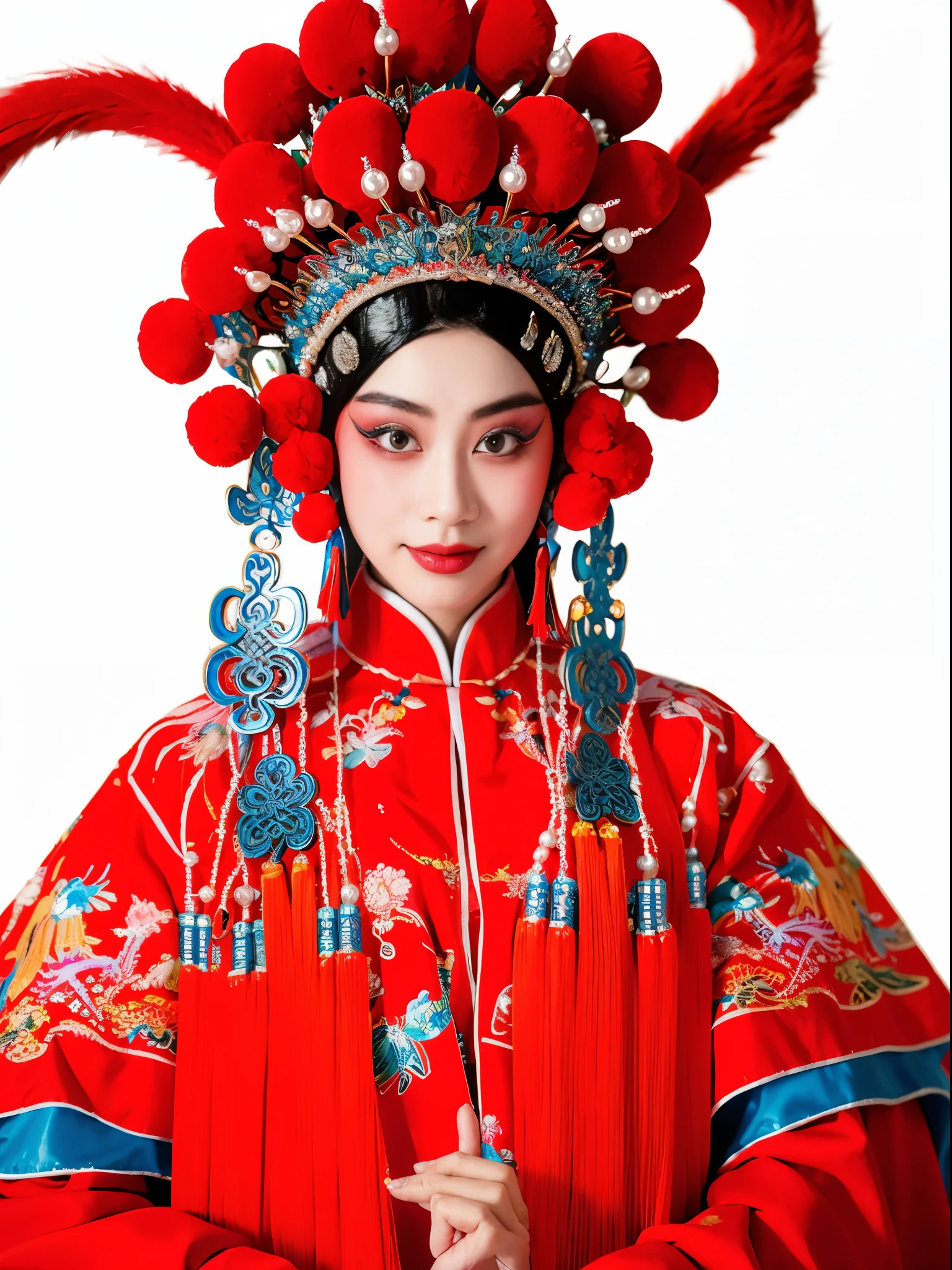 8k，portrait photos，Image quality，。1 girl， Zhongge Crown， from the front， looking at the audience， beautiful makeup，Exquisite headdress。中国Traditional Peking Opera，Intangible Cultural Heritage，Traditional Peking Opera。 （（（flag of China Opera House）））， The flag comes from behind，upper part of body，Gorgeous costumes， pearl，nipple tassel。China red，cloisonne