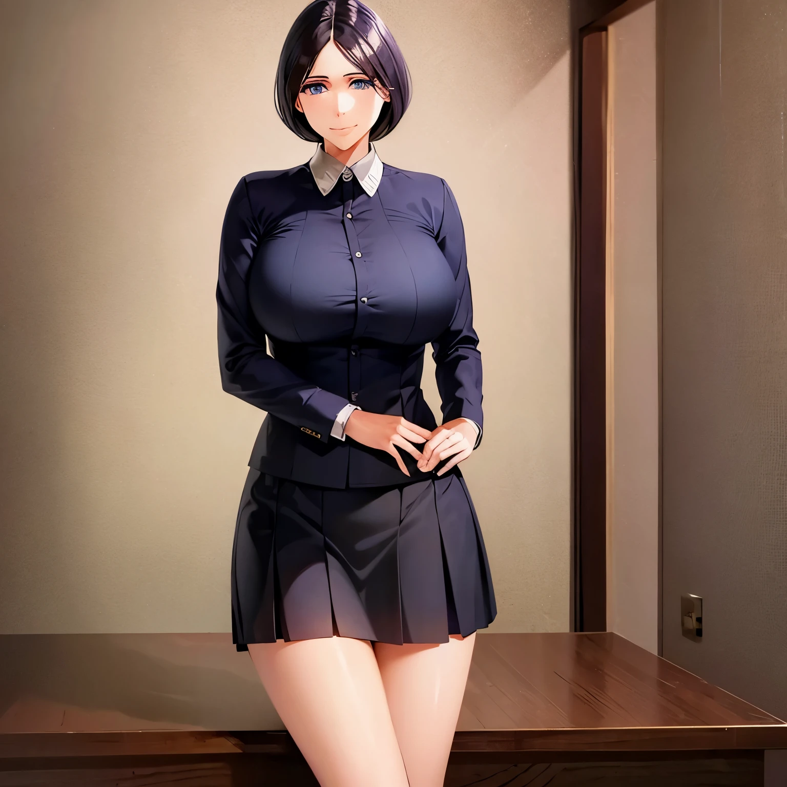 Background Highest quality uniform Short skirt Dress shirt River Bridge Smile Big breasts