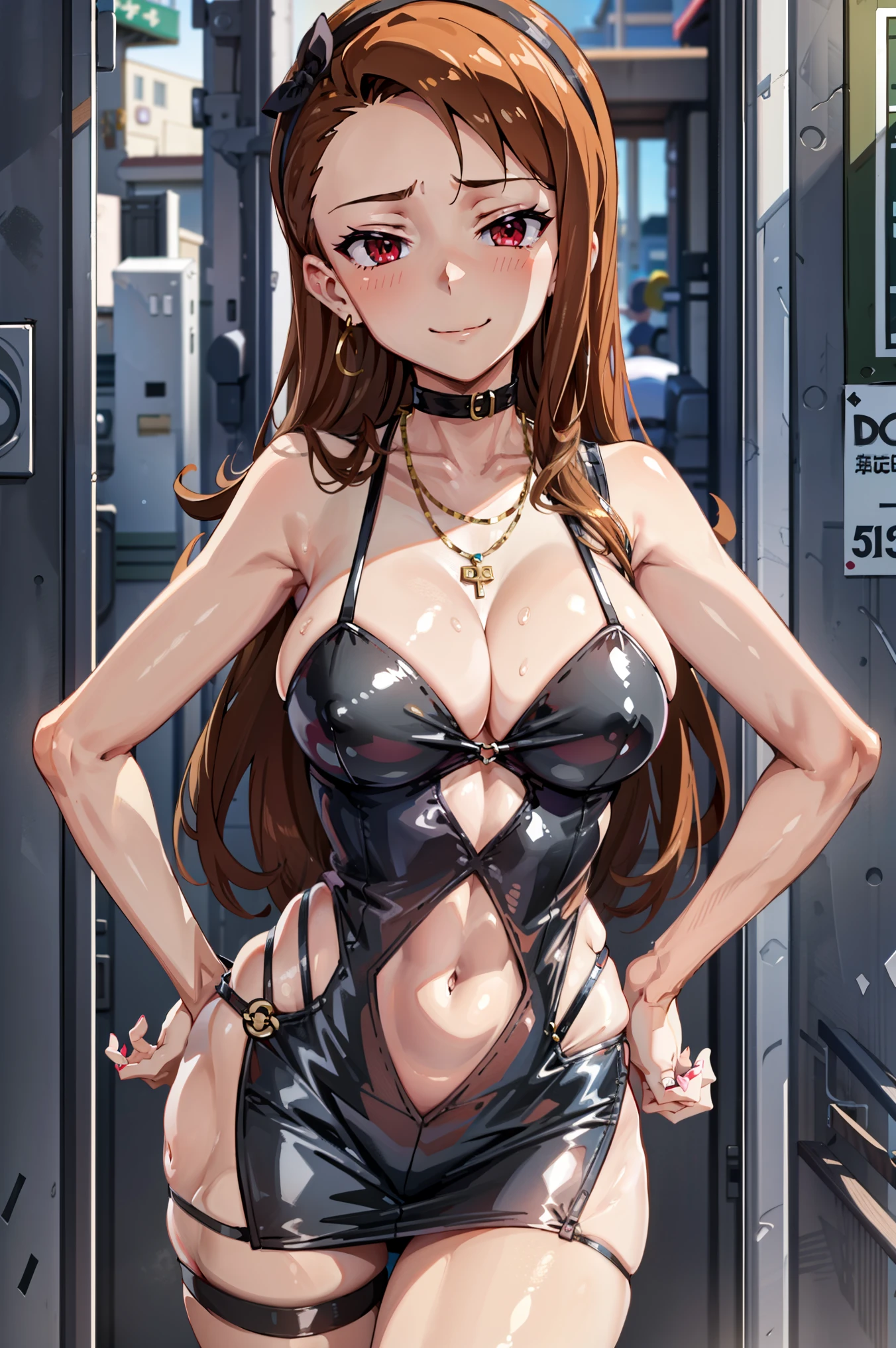 masterpiece, highres, best quality, absurdres, official, 1girl, solo, iori minase,  long hair, (whore outfits), casino, bodycon, microdress, miniskirt, necklace, earring, navel, face focus, naughty smile, sagging breasts, shiny skin
