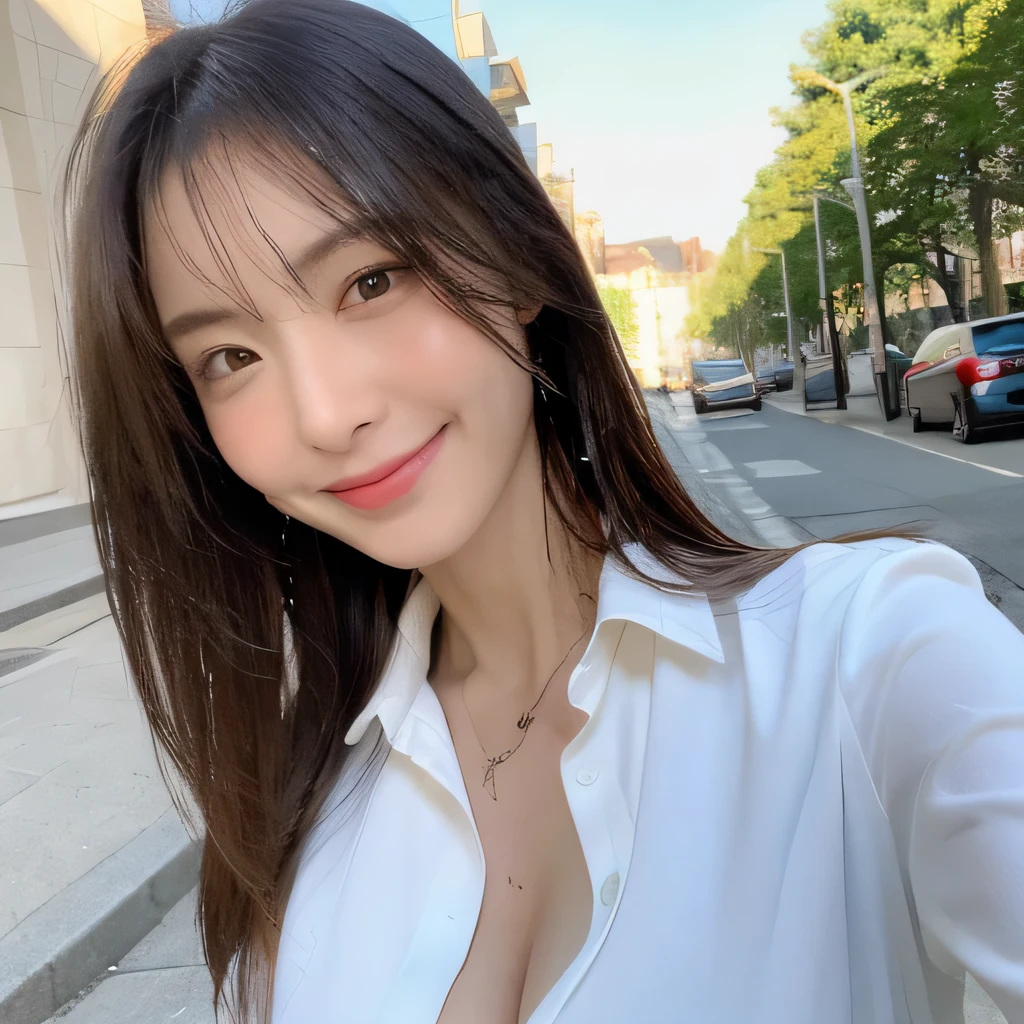 ((highest quality, 8k, masterpiece: 1.3)), sharp focus: 1.2, beautiful woman with perfect figure: 1.4, slim abs: 1.2, (layered hairstyles,: 1.2)), (wet white button long shirt: 1.3), rain: 1.3, street: 1.2, wet body: 1.1, Highly detailed face and skin texture, fine eyes, double eyelid, big breasts, smile,