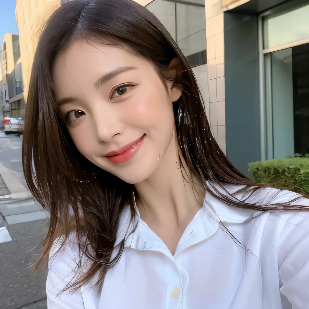 ((highest quality, 8k, masterpiece: 1.3)), sharp focus: 1.2, beautiful woman with perfect figure: 1.4, slim abs: 1.2, (layered hairstyles,: 1.2)), (wet white button long shirt: 1.3), rain: 1.3, street: 1.2, wet body: 1.1, Highly detailed face and skin texture, fine eyes, double eyelid, big breasts, smile,
