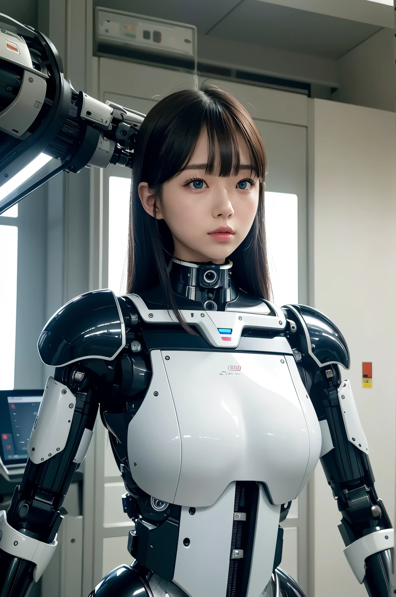 masterpiece, best quality, extremely detailed, Japaese android girl,Plump ,control panels,android,Droid,Mechanical Hand, Robot arms and legs,Blunt bangs,perfect robot girl,long tube,thick cable connected her neck,android,robot,humanoid,cyborg,japanese cyborg girl ,robot-assembly plant,She has assembled now,assembly scene,chest monitor,blue eyes