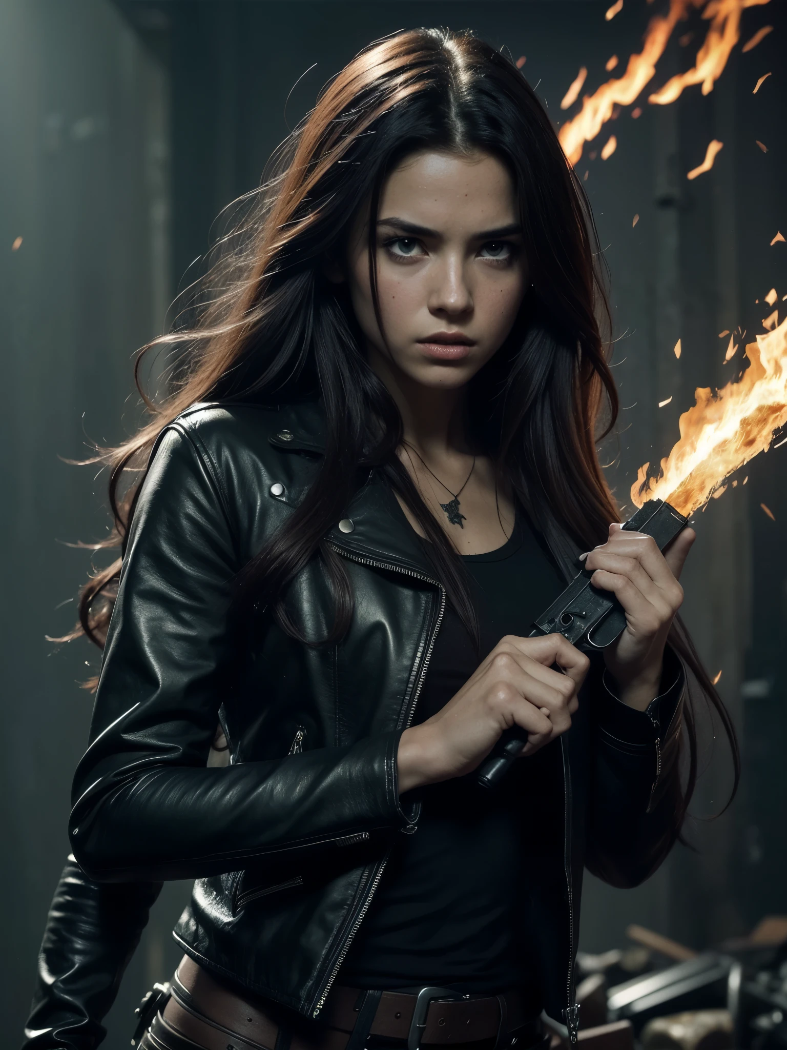  A photorealistic character of a young and beautiful girl with a fierce, wild, and intense appearance. The character has long flowing hair and a face that shows an angry or wild expression. full of cuts on her face, head and arms. She wearing a black leather jacket,. In both hands, the girl holds weapons; one appears to be a pistol, while the other hand is equipped with machete. Behind her there are flashes of light or lightning and fire, creating a dramatic, colorful effect. Various objects, including weapons and skulls, surround this character, adding to the intense, eerie, and full-color atmosphere.