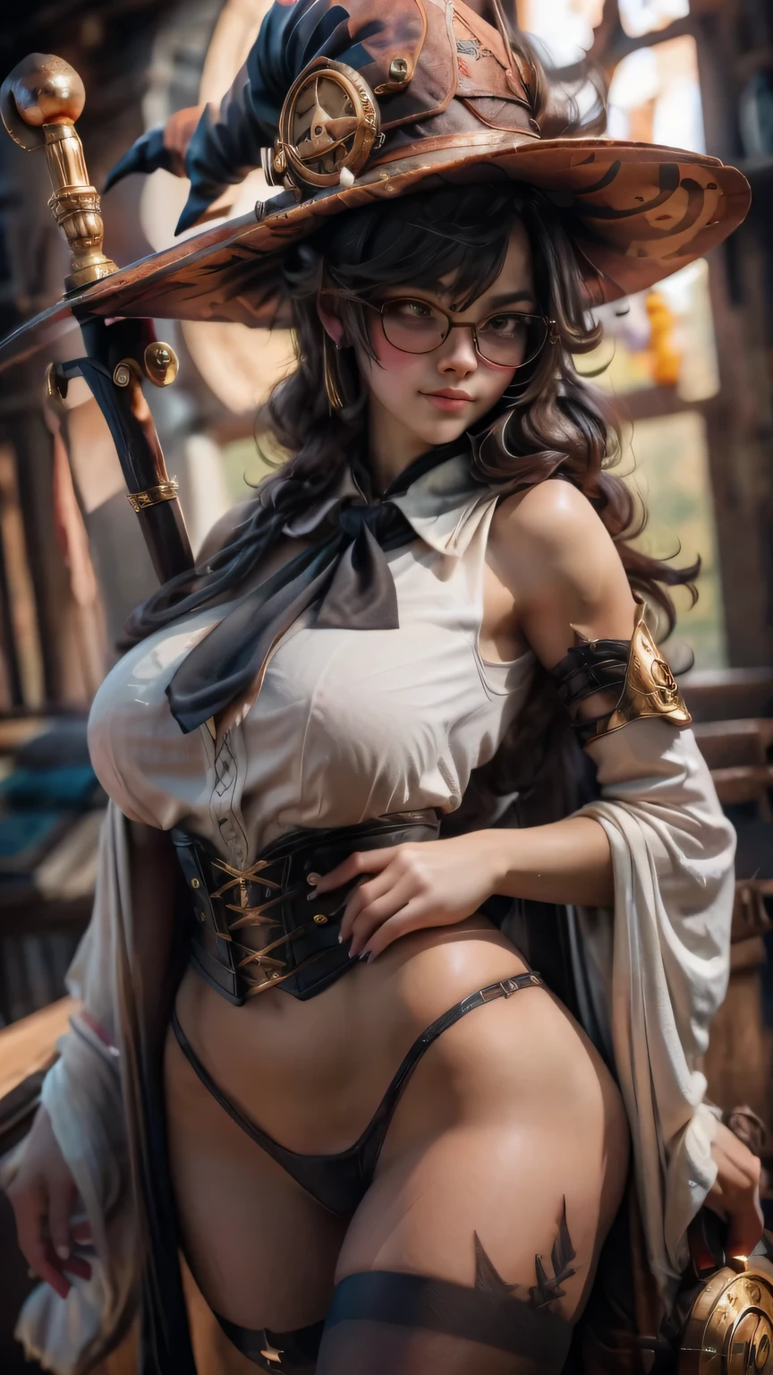 steampunkai。highest quality。masterpiece。detailed details。one girl。little cute girl。steampunk witch。witch hat。witch's clothes。long light brown fluffy hair。smile。carry a big broom。Running on the road。The background is a forest with bright light shining through.。