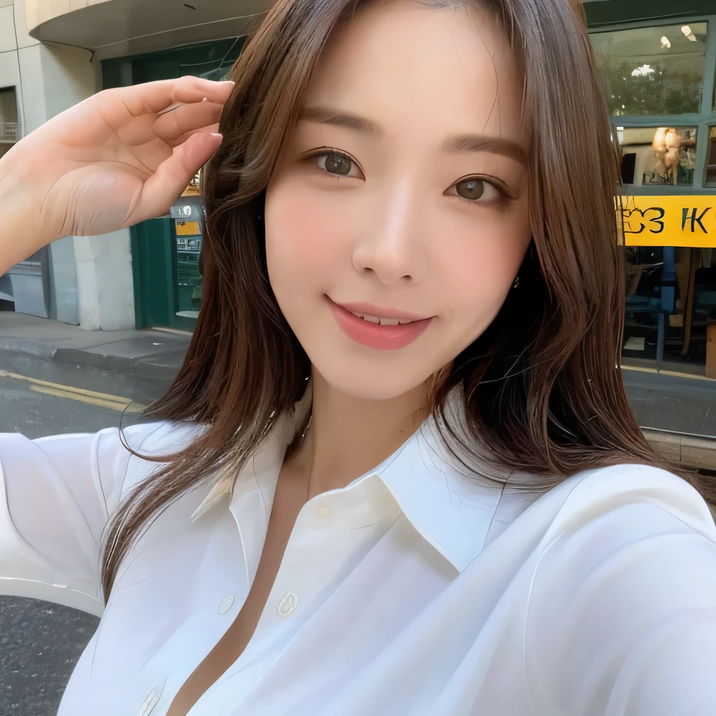 ((highest quality, 8k, masterpiece: 1.3)), sharp focus: 1.2, beautiful woman with perfect figure: 1.4, slim abs: 1.2, (layered hairstyles,: 1.2)), (wet white button long shirt: 1.3), rain: 1.3, street: 1.2, wet body: 1.1, Highly detailed face and skin texture, fine eyes, double eyelid, big breasts, smile,