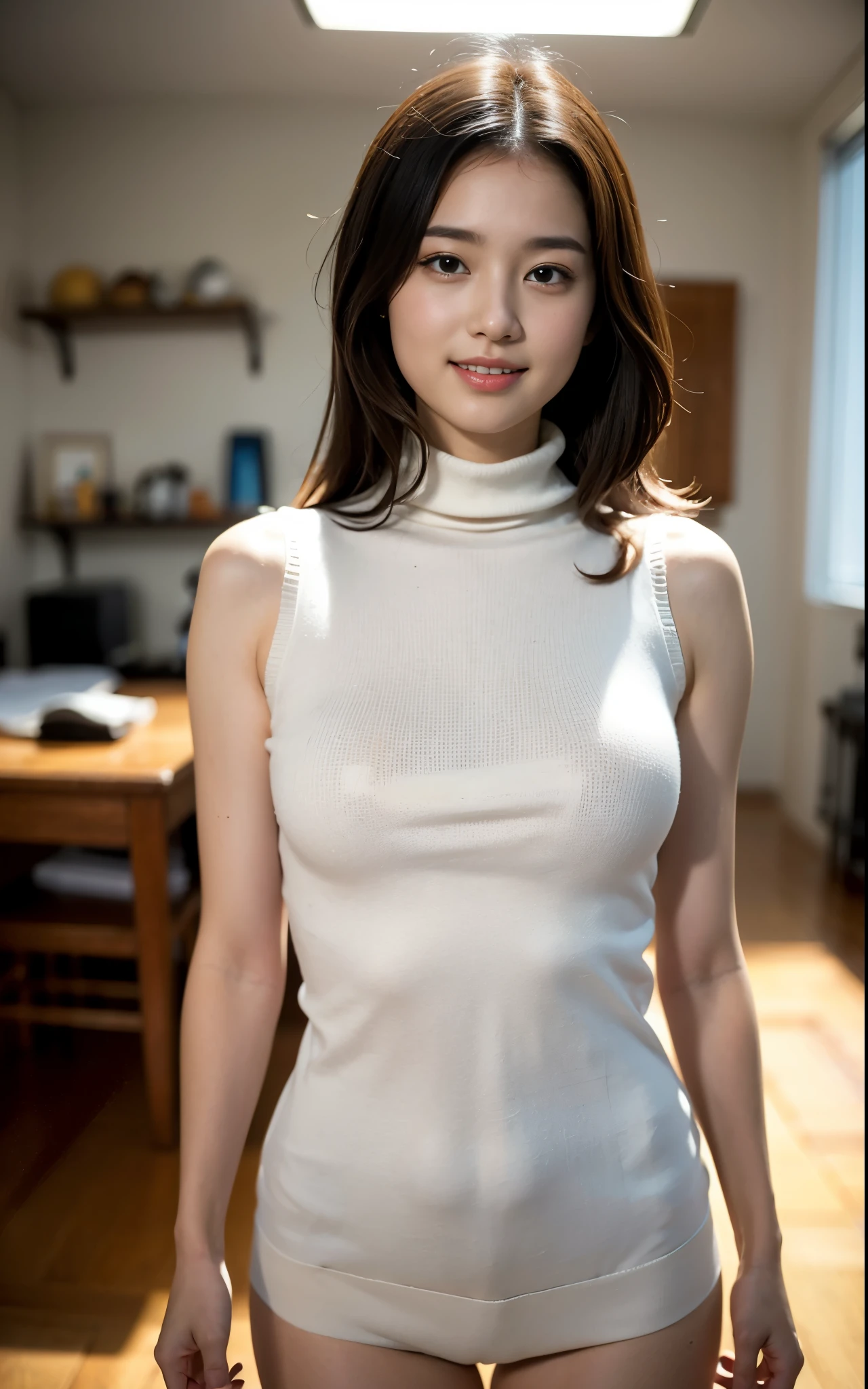 {{8k, wallpaper, with the best quality, super detailed, masterpiece, actual, actual写真}}, {Very detailed cute girl, 20 years old,Smile、big eyes:double}, {{(sleeveless turtleneck sweater:white:nipple)} , {brief rush) , {round eyes, small breasts：nipple}, Audience watching, {{Cowboy shooting}} ,