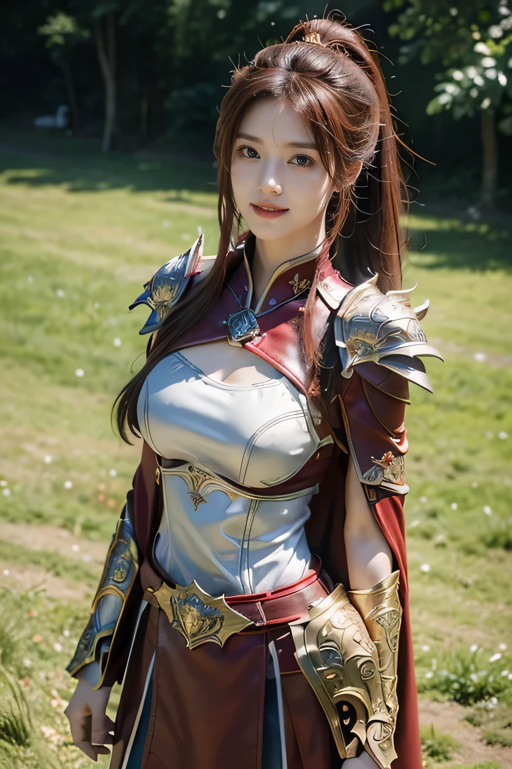 masterpiece,Best quality,A high resolution,8K,Original photo,real photo,Ancient city wall battlefield background,((field:1.8)),digital photography,(Female generals on the battlefield in the Han Dynasty),(((standing on the grass))),18-year-old girl,(long ponytail hairstyle),cparted lips,Full and erect breasts,Noble and charming,Elegant and serious,(Thick purple fish scale armor),Long red cape,The combination of white metal and red leather,Chest covered with gold armor,metallic luster,Leather buckle,Exquisite pattern,mysterious badge,Cool and gorgeouig breasts)),Chest groove,Three Kingdoms character painting style,Photo pose,oc render reflection texture,bright shades,No shadows on the face,charming smile,Head-up shot,