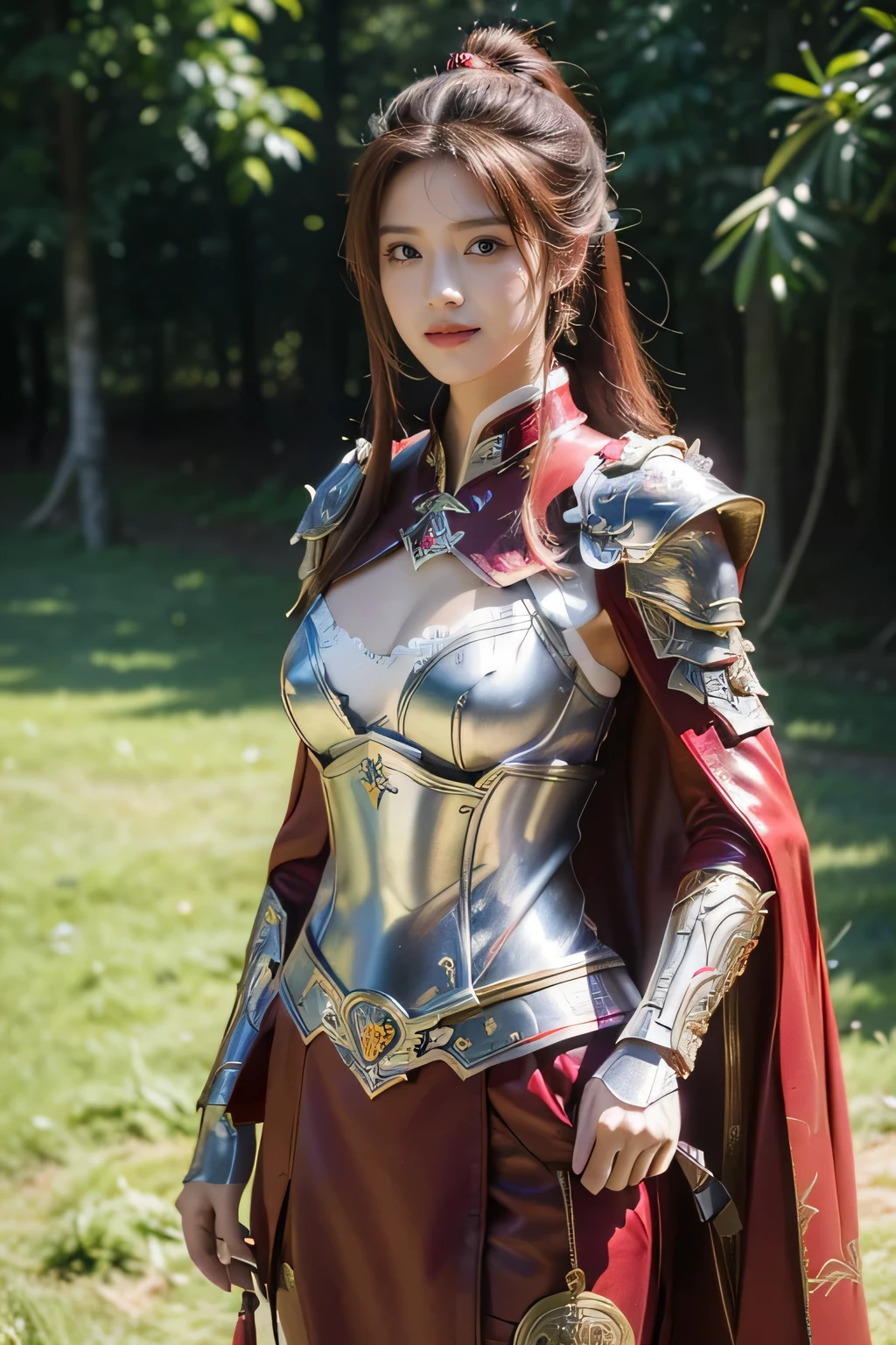 masterpiece，Best quality，A high resolution，8K，Original photo，real photo，Ancient city wall battlefield background,((field：1.8))，digital photography，(Female generals on the battlefield in the Han Dynasty)，(((standing on the grass)))，18-year-old girl，（long ponytail hairstyle)，cparted lips，Full and erect breasts，Noble and charming，Elegant and serious，(Thick purple fish scale armor），Long red cape，The combination of white metal and red leather，Chest covered with gold armor，metallic luster，Leather buckle，Exquisite pattern，mysterious badge，Cool and gorgeouig breasts))，Chest groove，Three Kingdoms character painting style，Photo pose，oc render reflection texture，bright shades，No shadows on the face，charming smile，Head-up shot，