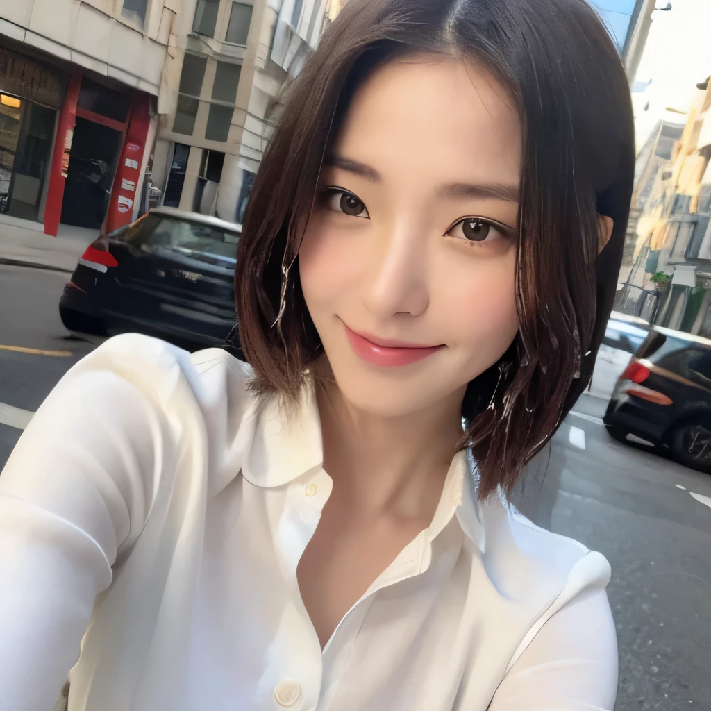 ((highest quality, 8k, masterpiece: 1.3)), sharp focus: 1.2, beautiful woman with perfect figure: 1.4, slim abs: 1.2, (layered hairstyles,: 1.2)), (wet white button long shirt: 1.3), rain: 1.3, street: 1.2, wet body: 1.1, Highly detailed face and skin texture, fine eyes, double eyelid, big breasts, smile,