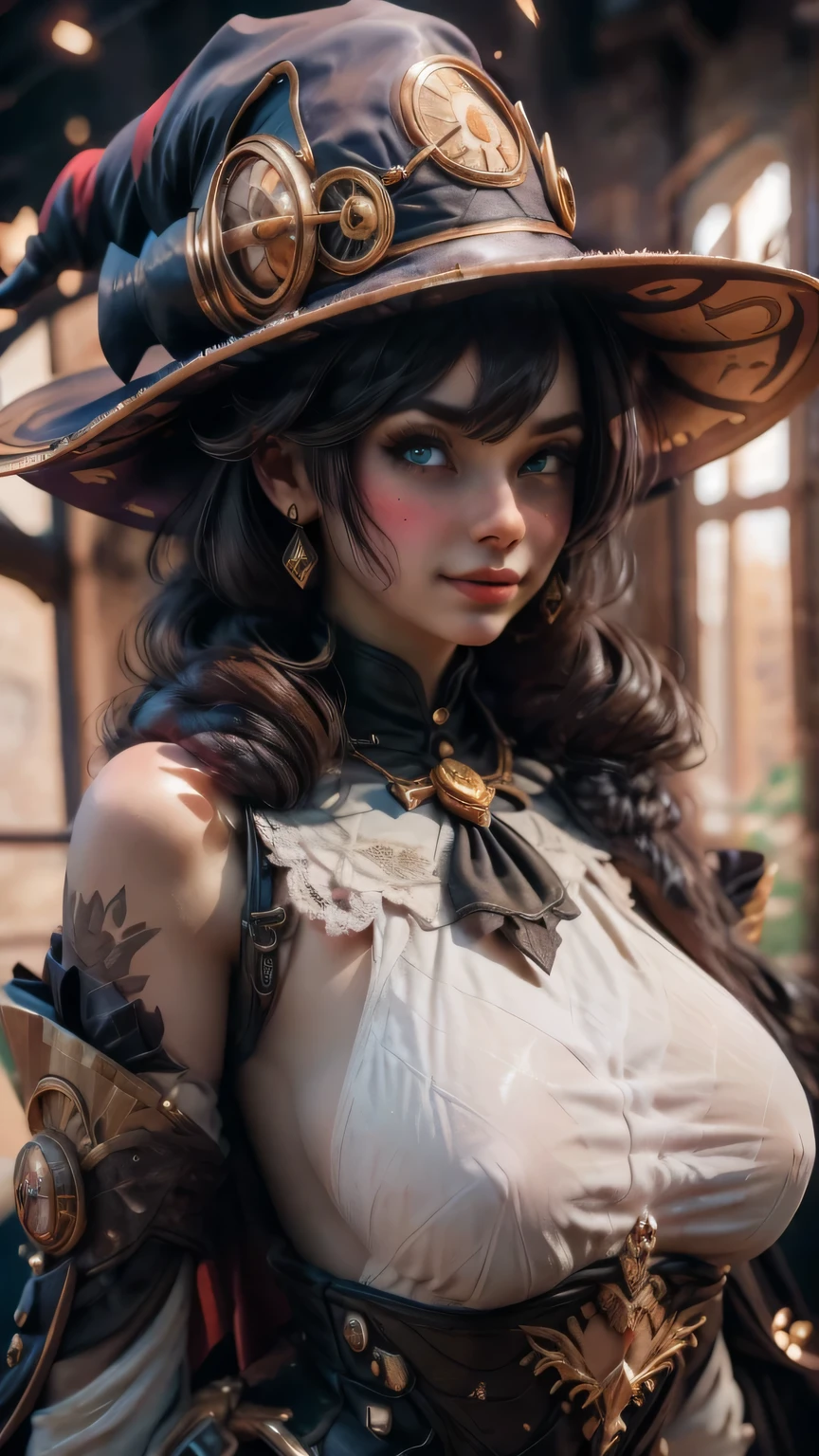 steampunkai。highest quality。masterpiece。detailed details。one girl。little cute girl。steampunk witch。witch hat。witch's clothes。long light brown fluffy hair。smile。carry a big broom。Running on the road。The background is a forest with bright light shining through.。
