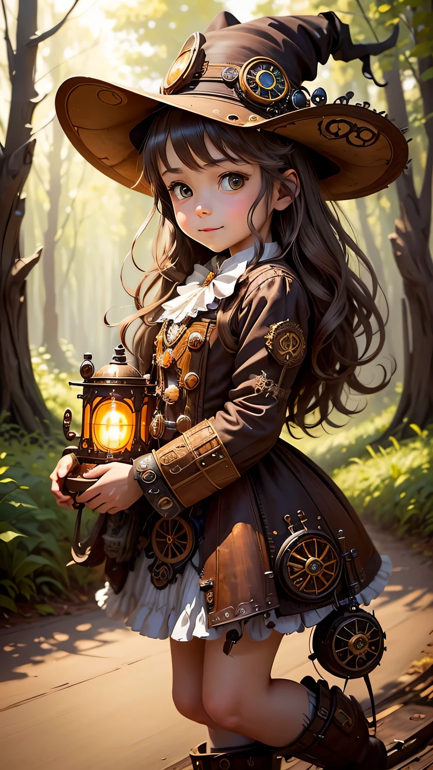 steampunkai。highest quality。masterpiece。detailed details。one girl。little cute girl。steampunk witch。witch hat。witch's clothes。long light brown fluffy hair。smile。carry a big broom。Running on the road。The background is a forest with bright light shining through.。