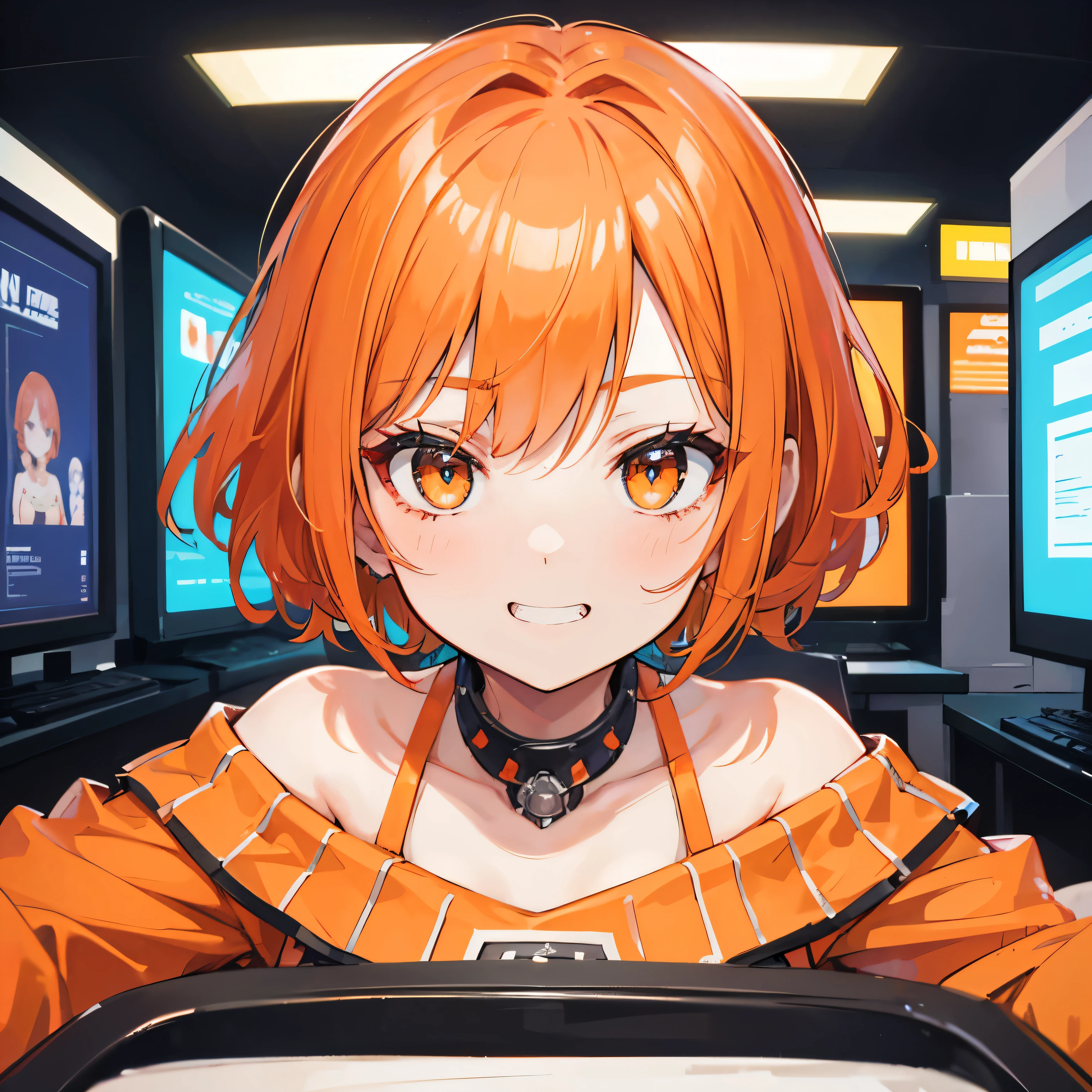 extreme close up face, Short off-shoulder hair in orange and white,Dignified and wonderful Girl, in a game center, grin