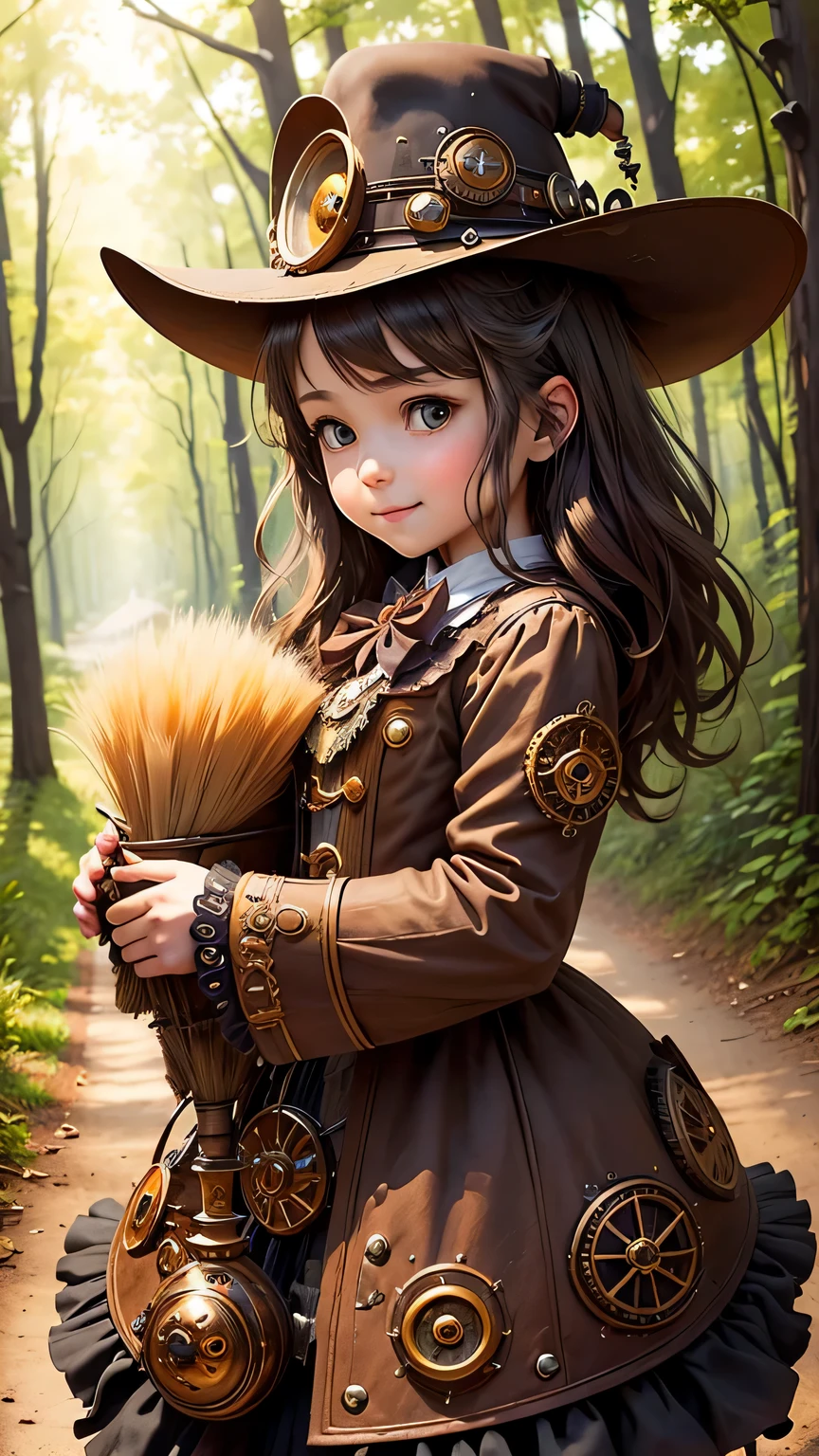 steampunkai。highest quality。masterpiece。detailed details。one girl。little cute girl。steampunk witch。witch hat。witch's clothes。long light brown fluffy hair。smile。carry a big broom。Running on the road。The background is a forest with bright light shining through.。