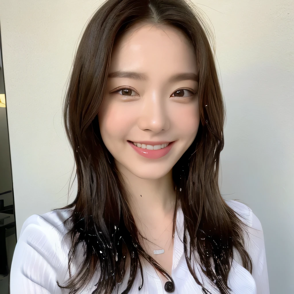 ((highest quality, 8k, masterpiece: 1.3)), sharp focus: 1.2, beautiful woman with perfect figure: 1.4, slim abs: 1.2, (layered hairstyles,: 1.2)), (wet white button long shirt: 1.3), rain: 1.3, street: 1.2, wet body: 1.1, Highly detailed face and skin texture, fine eyes, double eyelid, big breasts, smile,