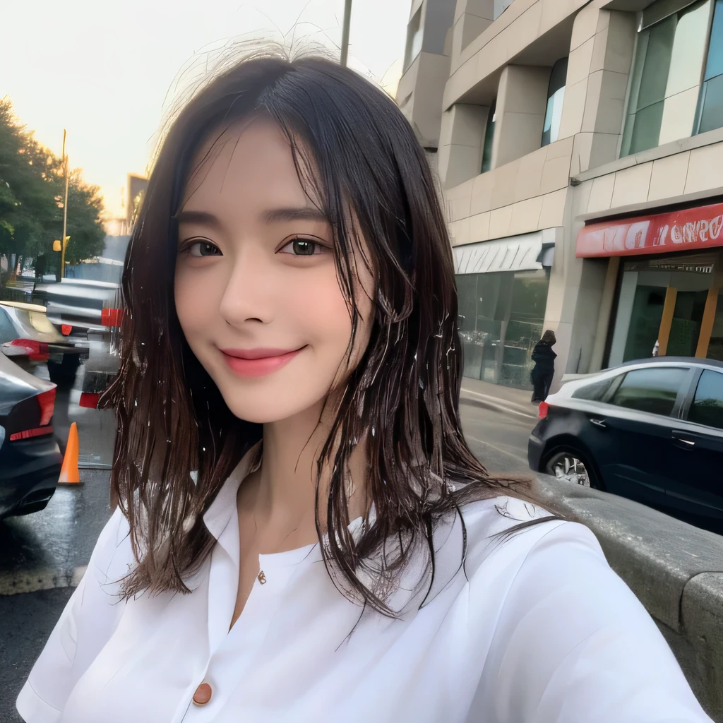 ((highest quality, 8k, masterpiece: 1.3)), sharp focus: 1.2, beautiful woman with perfect figure: 1.4, slim abs: 1.2, (layered hairstyles,: 1.2)), (wet white button long shirt: 1.3), rain: 1.3, street: 1.2, wet body: 1.1, Highly detailed face and skin texture, fine eyes, double eyelid, big breasts, smile,