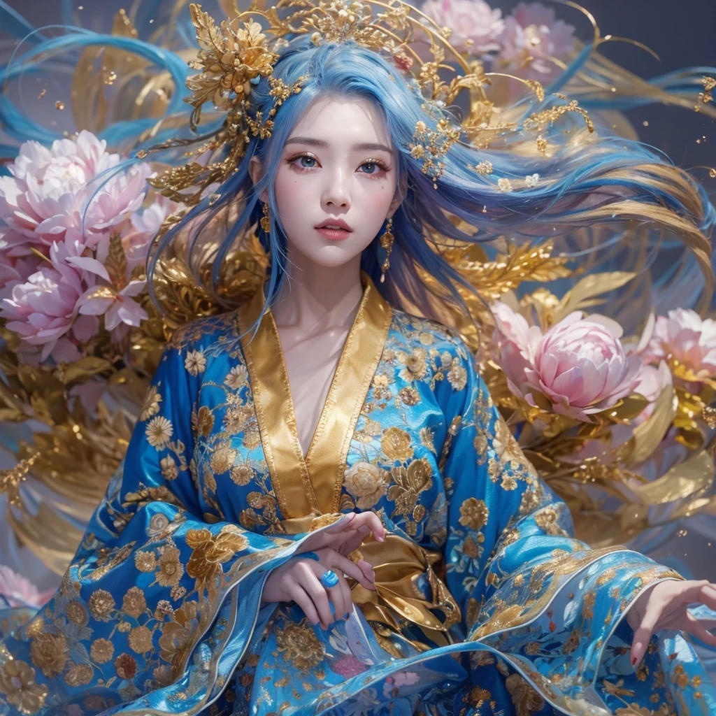 鹅黄 blue colors,enamel,agate,A flesh-colored world,Blood Blue Maiden 32k(masterpiece,HD,Aoyama Pond,Ultra high quality,32k)long flowing bright blue hair,blood pool,Ziddink, a color,Grumpy (After greeting), (Linen scarf), fighting stance, looking at the ground, long 鹅黄 hair, Floating bright blue, Fire cloud gold headdress, Chinese long-sleeved gold silk burgundy garment, (Abstract metaverse splash:1.2), White background,Peony flower vitality protector(realistically:1.4),bright purple hair,Smoke on the road,The background is very pure, high resolution, detail, RAW photos, Sharp Re, Nikon D850 film photo by Jefferies Lee 4 Kodak Portra 400 camera F1.6 guns, colorful, Ultra-realistic and vivid textures, dramatic lighting, Unreal Engine Art Station Trend, Sinest 800,一个有着long flowing bright blue hair的女孩,Huge colorful bubbles鹅黄