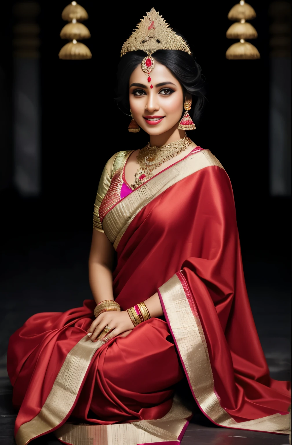 Sitting inside a temple looking into camera in a Indian traditional sari and jewlary with a smiling face in studio lighting conditions wearing a crown in her head head to toe photography