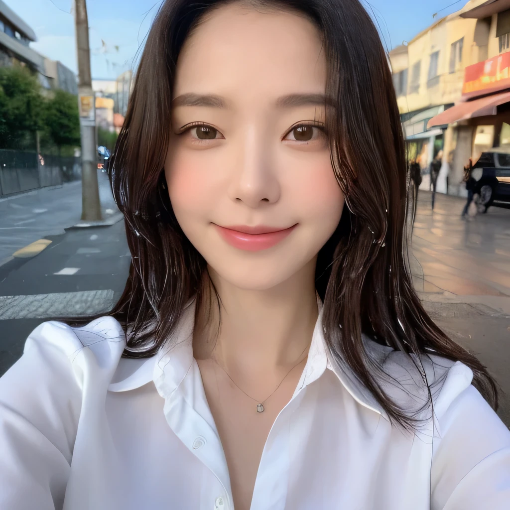 ((highest quality, 8k, masterpiece: 1.3)), sharp focus: 1.2, beautiful woman with perfect figure: 1.4, slim abs: 1.2, (layered hairstyles,: 1.2)), (wet white button long shirt: 1.3), rain: 1.3, street: 1.2, wet body: 1.1, Highly detailed face and skin texture, fine eyes, double eyelid, big breasts, smile,