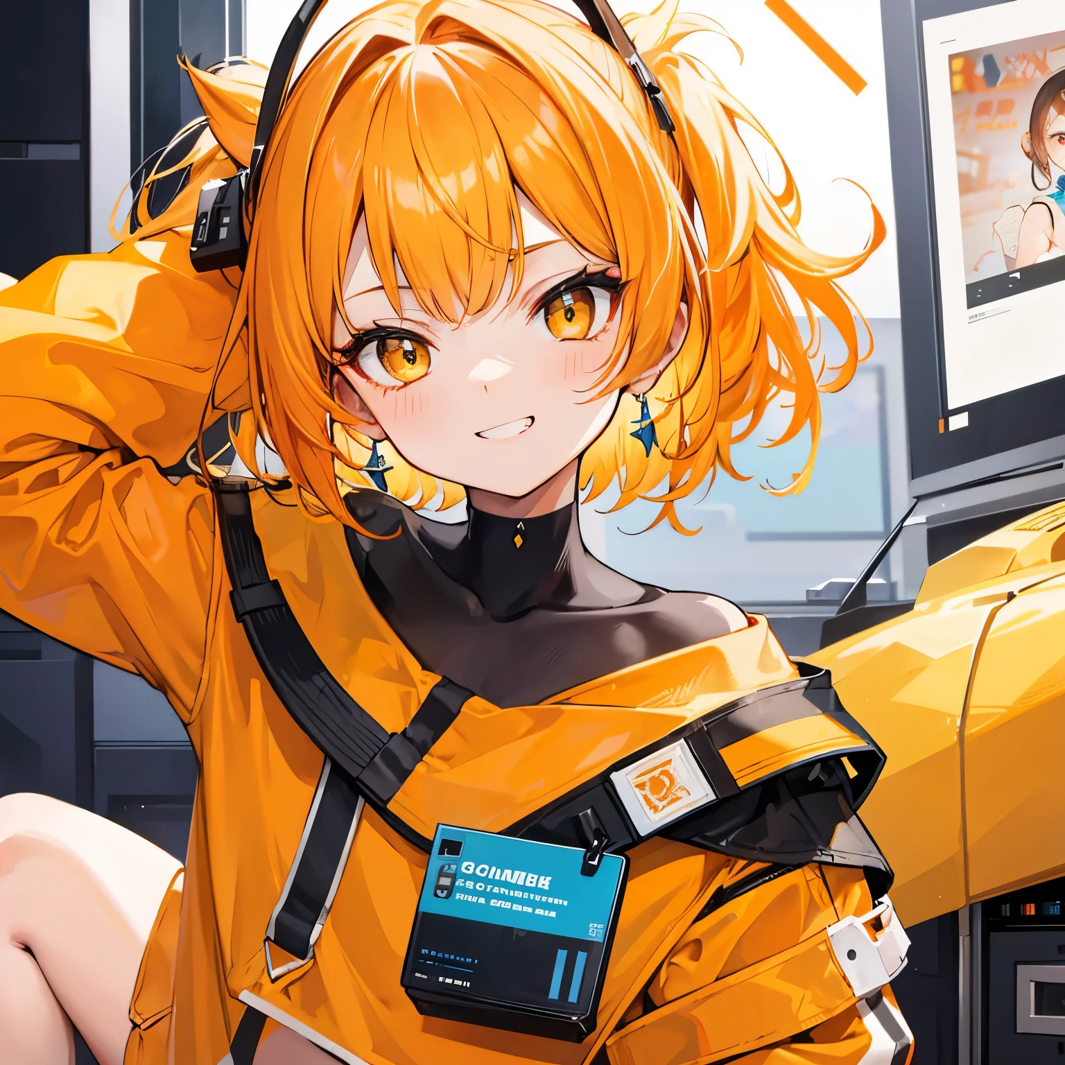 extreme close up face, Short off-shoulder hair in yellow-orange and white,Dignified and wonderful Girl, in a game center, grin