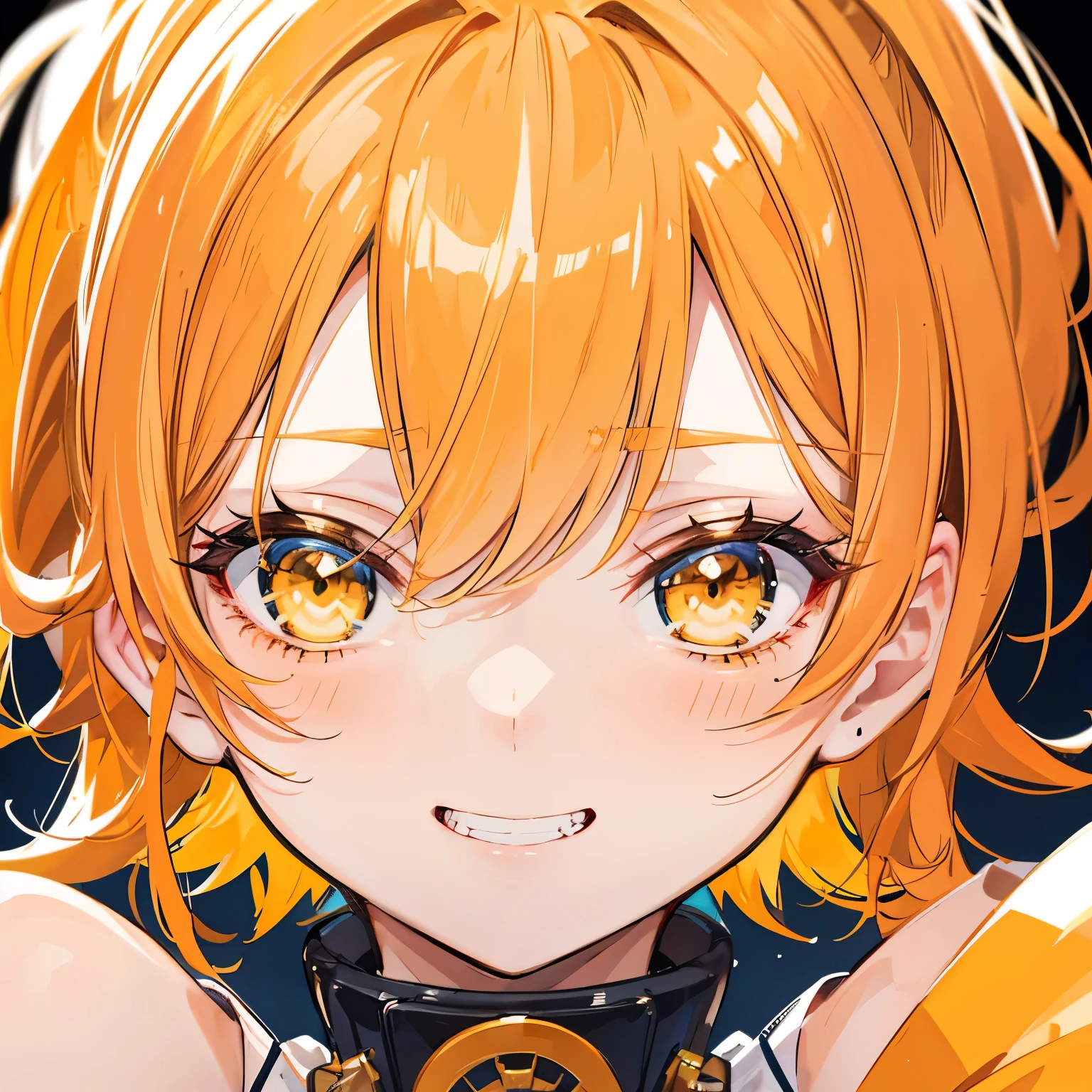extreme close up face, Short off-shoulder hair in yellow-orange and white,Dignified and wonderful Girl, in a game center, grin