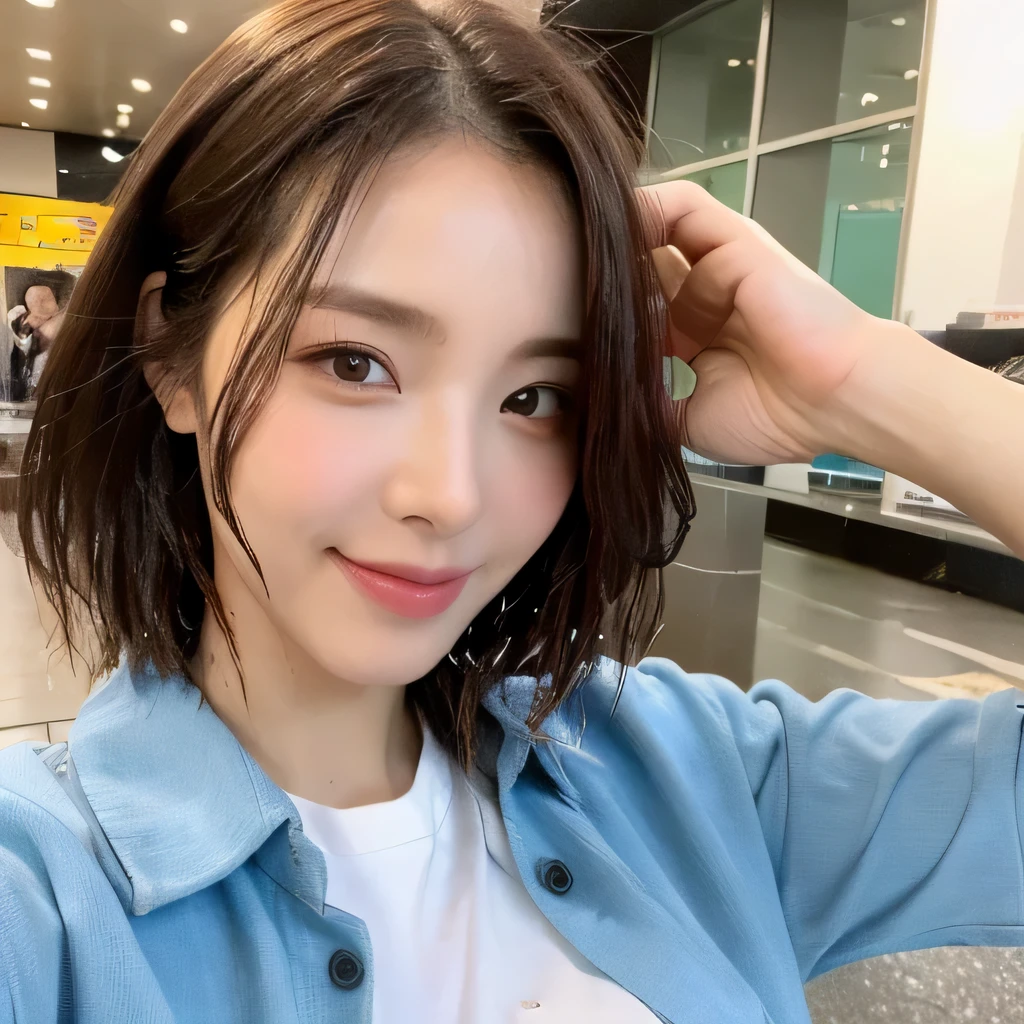 ((highest quality, 8k, masterpiece: 1.3)), sharp focus: 1.2, beautiful woman with perfect figure: 1.4, slim abs: 1.2, (layered hairstyles,: 1.2)), (wet white button long shirt: 1.3), rain: 1.3, street: 1.2, wet body: 1.1, Highly detailed face and skin texture, fine eyes, double eyelid, big breasts, smile,