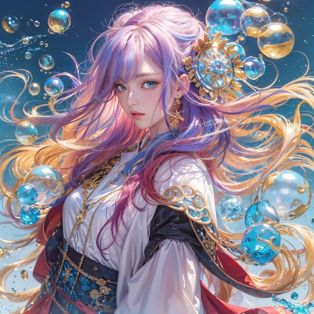 鹅黄 blue colors,enamel,agate,A flesh-colored world,Blood Blue Maiden 32k(masterpiece,HD,Aoyama Pond,Ultra high quality,32k)long flowing bright blue hair,blood pool,Ziddink, a color,Grumpy (After greeting), (Linen scarf), fighting stance, looking at the ground, long 鹅黄 hair, Floating bright blue, Fire cloud gold headdress, Chinese long-sleeved gold silk burgundy garment, (Abstract metaverse splash:1.2), White background,Peony flower vitality protector(realistically:1.4),bright purple hair,Smoke on the road,The background is very pure, high resolution, detail, RAW photos, Sharp Re, Nikon D850 film photo by Jefferies Lee 4 Kodak Portra 400 camera F1.6 guns, colorful, Ultra-realistic and vivid textures, dramatic lighting, Unreal Engine Art Station Trend, Sinest 800,一个有着long flowing bright blue hair的女孩,Huge colorful bubbles鹅黄