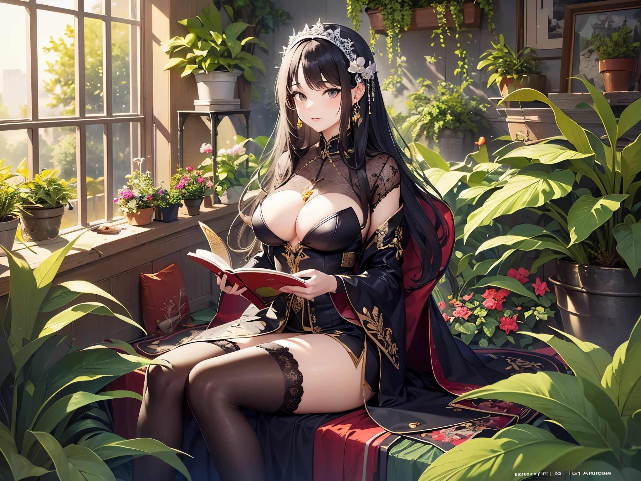 ((highest quality)),(ultra high resolution),(Super detailed),(detailed description),((best CG)),(best work of art),super precision art,amazing drawing art,(Art with precise details:1.5), (adult women:1.7),(beautiful and well-shaped face:1.5), I am reading a book while sitting on a chair decorated with beautiful flower reliefs in a greenhouse filled with houseplants.。