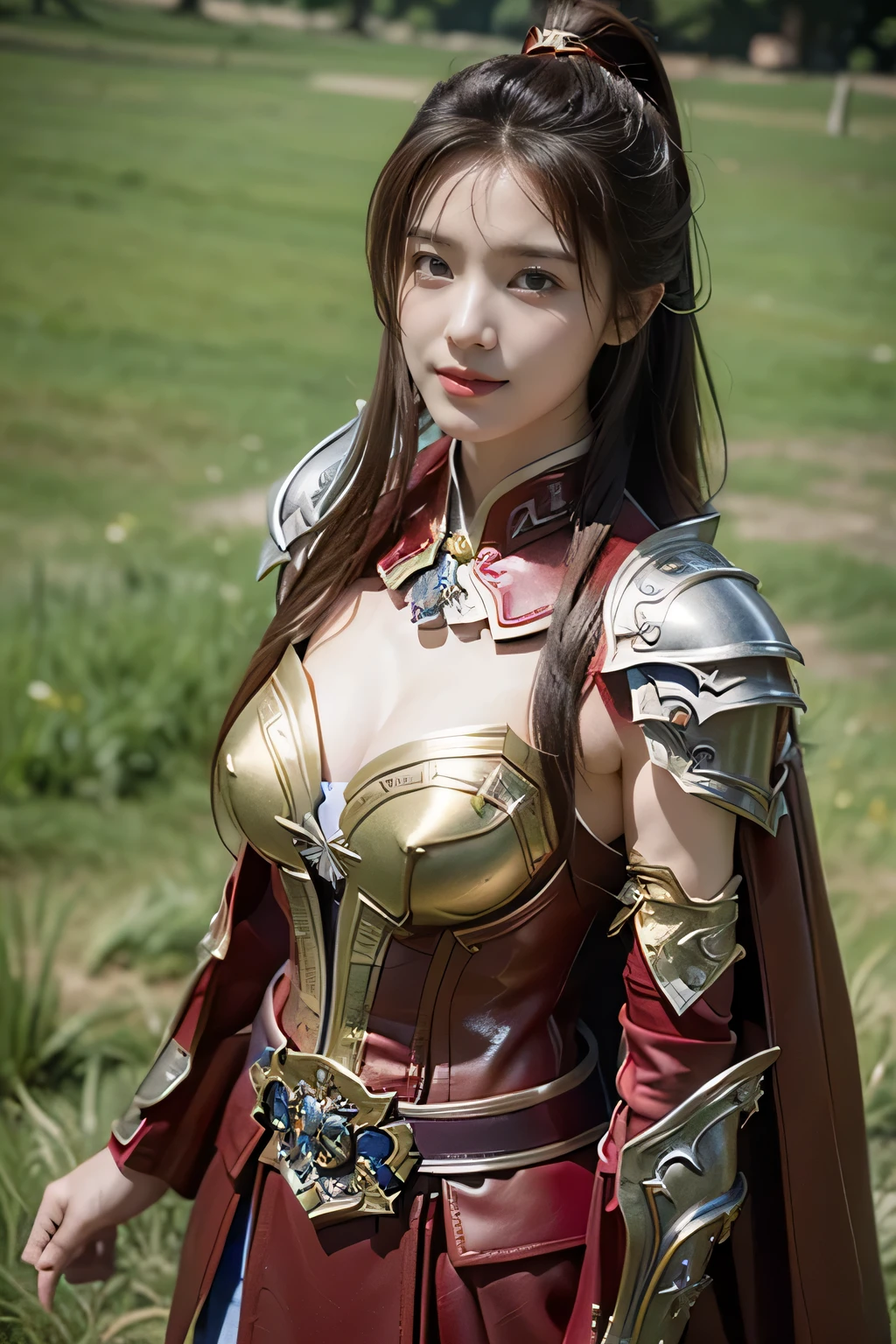 masterpiece，Best quality，A high resolution，8K，Original photo，real photo，Ancient city wall battlefield background,((field：1.8))，digital photography，(Female generals on the battlefield in the Han Dynasty)，(((standing on the grass)))，18-year-old girl，（long ponytail hairstyle)，cparted lips，Full and erect breasts，Noble and charming，Elegant and serious，(Thick purple fish scale armor），Long red cape，The combination of white metal and red leather，Chest covered with gold armor，metallic luster，Leather buckle，Exquisite pattern，mysterious badge，Cool and gorgeouig breasts))，Chest groove，Three Kingdoms character painting style，Photo pose，oc render reflection texture，bright shades，No shadows on the face，charming smile，Head-up shot，