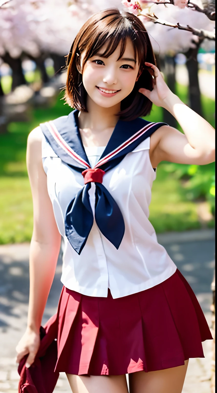 (((beautiful japanese high school girl))) 、1 person、short hair、(((At the cherry blossom trees in bloom)))、doing a sexy pose、(((A revealing sleeveless red sailor suit)))、(((Mini skirt that looks like panties)))、((smile))、photorealistic、With a clearer image、beautiful detailed eyes、hyper realism、high contrast、Ultra HD、realistic skin texture、Highest image quality、highest quality、ultra high resolution、Finely detailed、very carefully
