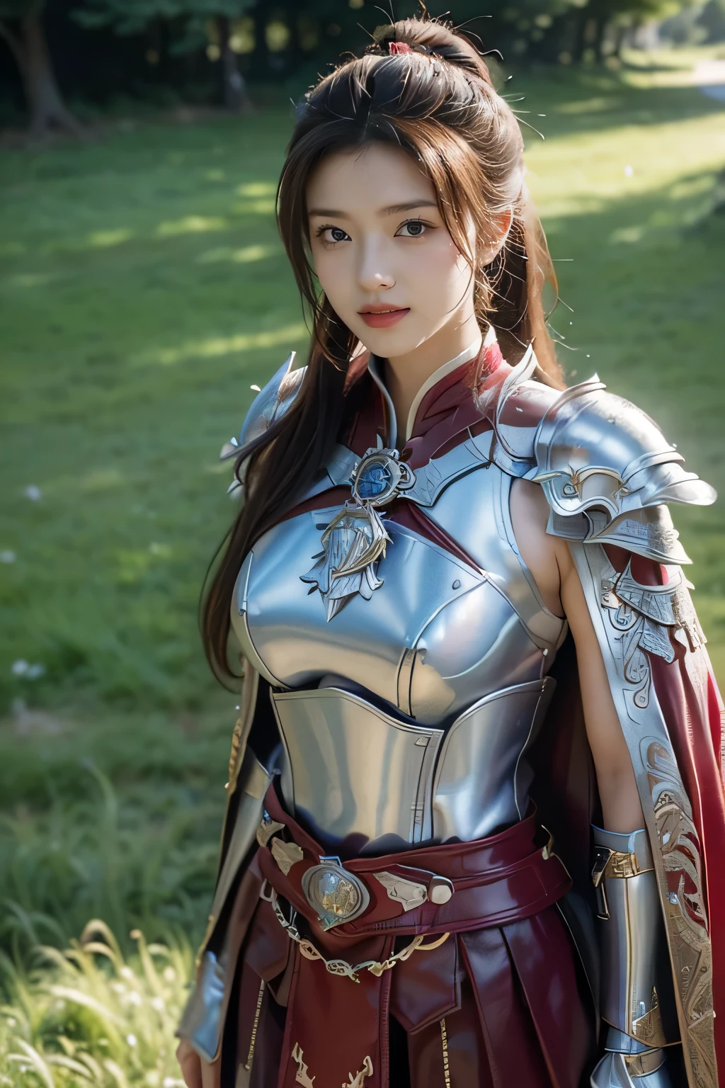 masterpiece,Best quality,A high resolution,8K,Original photo,real photo,Ancient city wall battlefield background,((field:1.8)),digital photography,(Female generals on the battlefield in the Han Dynasty),(((standing on the grass))),18-year-old girl,(long ponytail hairstyle),cparted lips,Full and erect breasts,Noble and charming,Elegant and serious,(Thick purple fish scale armor),Long red cape,The combination of white metal and red leather,Chest covered with gold armor,metallic luster,Leather buckle,Exquisite pattern,mysterious badge,Cool and gorgeouig breasts)),Chest groove,Three Kingdoms character painting style,Photo pose,oc render reflection texture,bright shades,No shadows on the face,charming smile,Head-up shot,