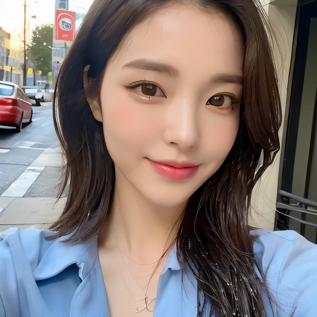 ((highest quality, 8k, masterpiece: 1.3)), sharp focus: 1.2, beautiful woman with perfect figure: 1.4, slim abs: 1.2, (layered hairstyles,: 1.2)), (wet white button long shirt: 1.3), rain: 1.3, street: 1.2, wet body: 1.1, Highly detailed face and skin texture, fine eyes, double eyelid, big breasts, smile,