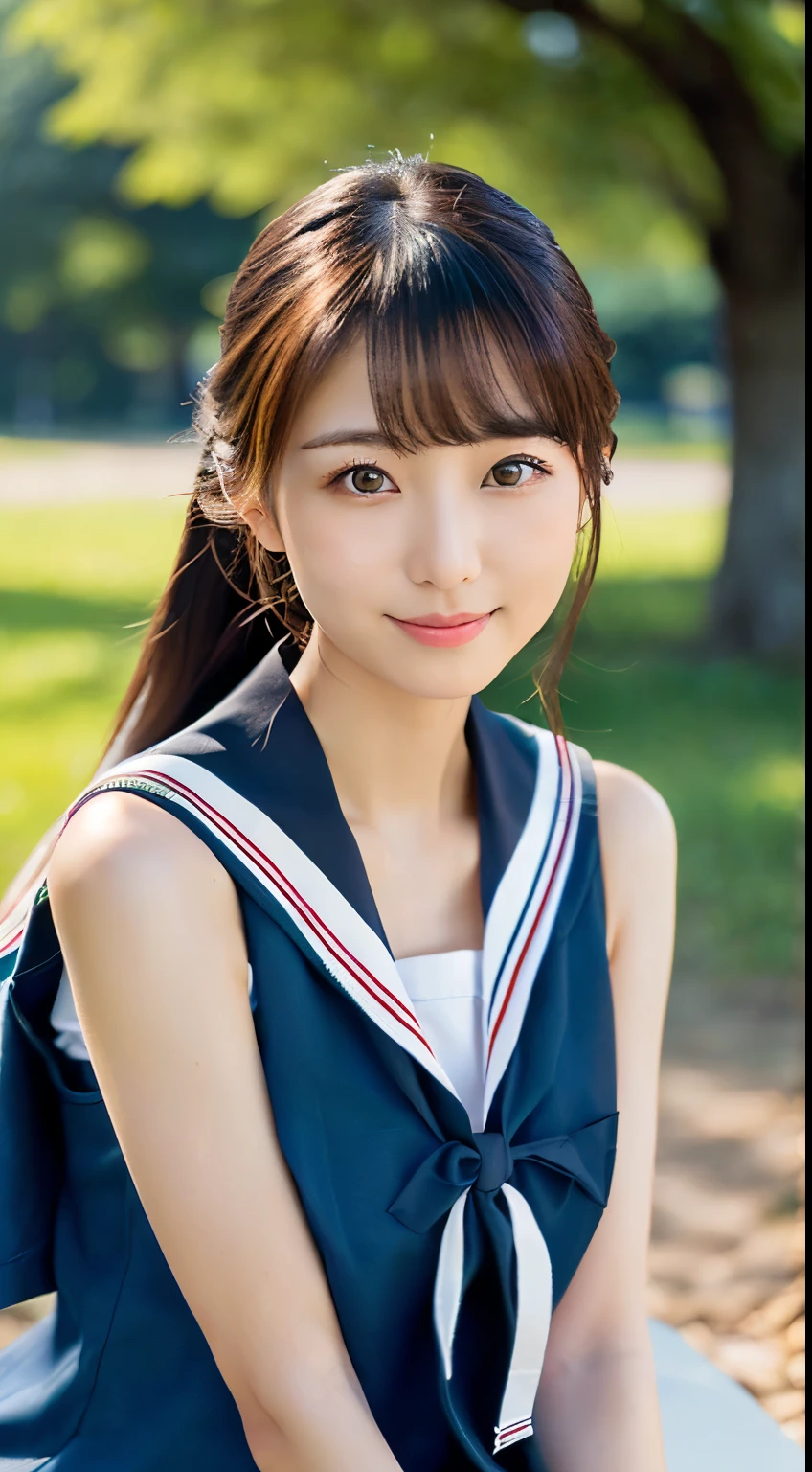 (((beautiful japanese adult woman))) 、1 person、(((In a park with beautiful summer greenery and flowers)))、Posing、(((A skimpy sleeveless blue sailor suit)))、(((super mile))、photorealistic、distinct、beautiful detailed eyes、hyper realism、high contrast、Ultra HD、realistic skin texture、Highest image quality、highest quality、ultra high resolution、Finely detailed、very carefully
