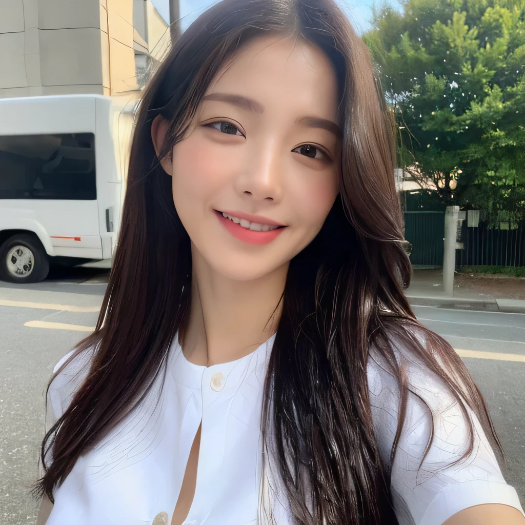 ((highest quality, 8k, masterpiece: 1.3)), sharp focus: 1.2, beautiful woman with perfect figure: 1.4, slim abs: 1.2, (layered hairstyles,: 1.2)), (wet white button long shirt: 1.3), rain: 1.3, street: 1.2, wet body: 1.1, Highly detailed face and skin texture, fine eyes, double eyelid, big breasts, smile,