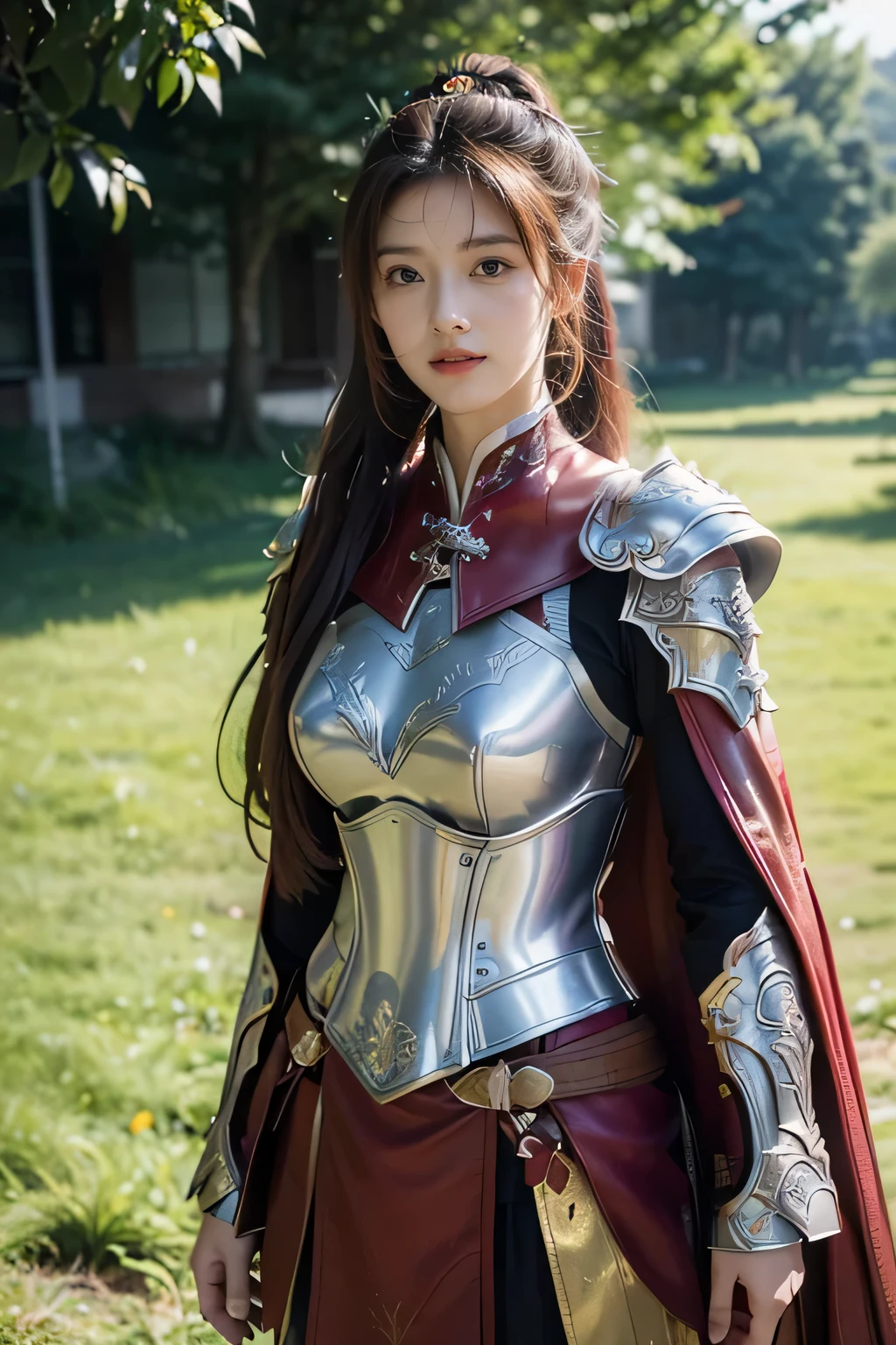 masterpiece,Best quality,A high resolution,8K,Original photo,real photo,Ancient city wall battlefield background,((field:1.8)),digital photography,(Female generals on the battlefield in the Han Dynasty),(((standing on the grass))),18-year-old girl,(long ponytail hairstyle),cparted lips,Full and erect breasts,Noble and charming,Elegant and serious,(Thick purple fish scale armor),Long red cape,The combination of white metal and red leather,Chest covered with gold armor,metallic luster,Leather buckle,Exquisite pattern,mysterious badge,Cool and gorgeouig breasts)),Chest groove,Three Kingdoms character painting style,Photo pose,oc render reflection texture,bright shades,No shadows on the face,charming smile,Head-up shot,