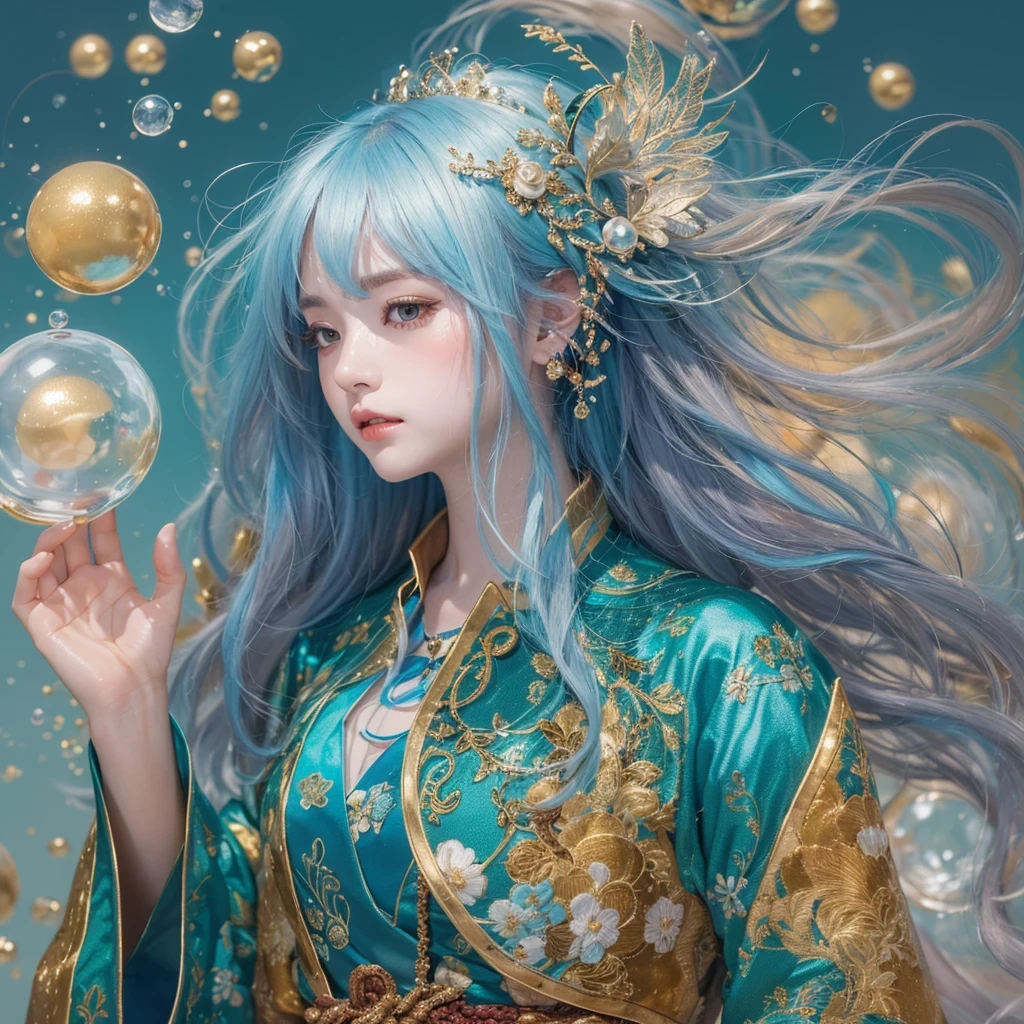 鹅黄 blue colors，enamel，agate，A flesh-colored world，Blood Blue Maiden 32k（masterpiece，HD，Aoyama Pond，Ultra high quality，32k）long flowing bright blue hair，blood pool，Ziddink， a color，Grumpy （After greeting）， （Linen scarf）， fighting stance， looking at the ground， long 鹅黄 hair， Floating bright blue， Fire cloud gold headdress， Chinese long-sleeved gold silk burgundy garment， （Abstract metaverse splash：1.2）， White background，Peony flower vitality protector（realistically：1.4），bright purple hair，Smoke on the road，The background is very pure， high resolution， detail， RAW photos， Sharp Re， Nikon D850 film photo by Jefferies Lee 4 Kodak Portra 400 camera F1.6 guns, colorful, Ultra-realistic and vivid textures, dramatic lighting, Unreal Engine Art Station Trend, Sinest 800，一个有着long flowing bright blue hair的女孩，Huge colorful bubbles鹅黄