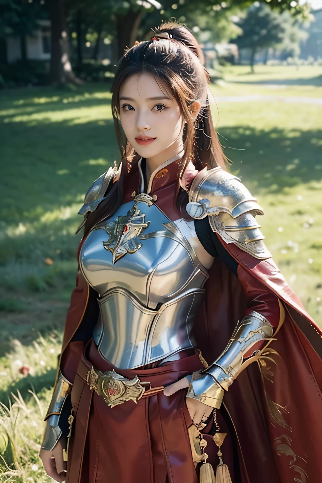 masterpiece，Best quality，A high resolution，8K，Original photo，real photo，Ancient city wall battlefield background,((field：1.8))，digital photography，(Female generals on the battlefield in the Han Dynasty)，(((standing on the grass)))，18-year-old girl，（long ponytail hairstyle)，cparted lips，Full and erect breasts，Noble and charming，Elegant and serious，(Thick golden fish scale armor），Long red cape，The combination of white metal and red leather，Chest covered with gold armor，metallic luster，Leather buckle，Exquisite pattern，mysterious badge，Cool and gorgeouig breasts))，Chest groove，Three Kingdoms character painting style，Photo pose，oc render reflection texture，bright shades，No shadows on the face，charming smile，Head-up shot，
