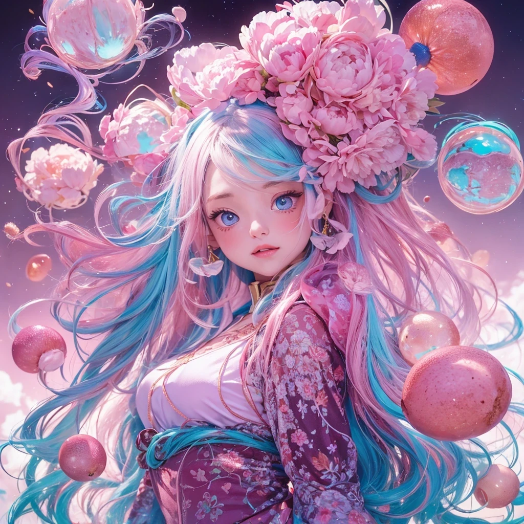 Goose pink blue color，enamel，agate，A flesh-colored world，Blood Blue Girl 32K（masterpiece，HD，Aoyama Pond，Ultra high quality，32）long flowing bright blue hair，blood pool，Ziddink， a color，Grumpy （After greeting）， （Linen scarf）， fighting stance， looking at the ground， Goose pink long hair， Floating bright blue， Fire cloud gold headdress， Chinese long-sleeved gold silk burgundy garment， （Abstract metaverse splash：1.2）， White background，Peony flower vitality protector（粉realisticlying：1.4），bright purple hair，Smoke on the road，The background is very pure， high resolution， detail， RAW photos， Sharp Re， Nikon D850 film photo by Jefferies Lee 4 Kodak Portra 400 camera F1.6 guns, Rich pink shade, Ultra-realistic and vivid textures, dramatic lighting, Unreal Engine Art Station Trend, Sinest Powder 800，一个有着long flowing bright blue hair的女孩，Huge colorful bubbles鹅粉黄