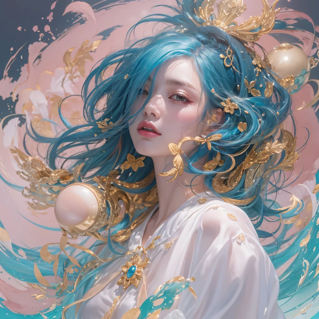 Goose pink blue color,enamel,agate,A flesh-colored world,Blood Blue Girl 32K(masterpiece,HD,Aoyama Pond,Ultra high quality,32)long flowing bright blue hair,blood pool,Ziddink, a color,Grumpy (After greeting), (Linen scarf), fighting stance, looking at the ground, Goose pink long hair, Floating bright blue, Fire cloud gold headdress, Chinese long-sleeved gold silk burgundy garment, (Abstract metaverse splash:1.2), White background,Peony flower vitality protector(粉realisticlying:1.4),bright purple hair,Smoke on the road,The background is very pure, high resolution, detail, RAW photos, Sharp Re, Nikon D850 film photo by Jefferies Lee 4 Kodak Portra 400 camera F1.6 guns, Rich pink shade, Ultra-realistic and vivid textures, dramatic lighting, Unreal Engine Art Station Trend, Sinest Powder 800,一个有着long flowing bright blue hair的女孩,Huge colorful bubbles鹅粉黄