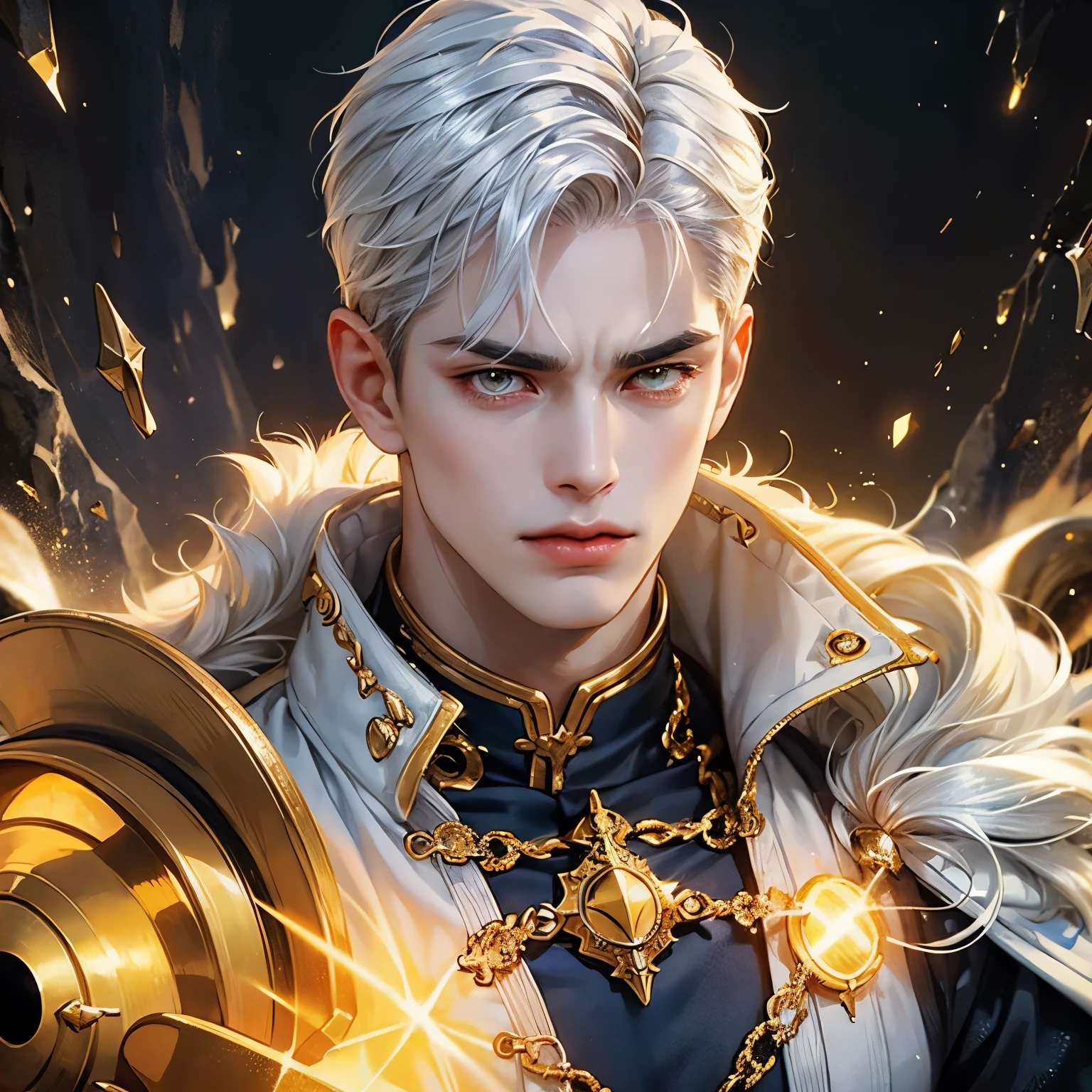 Create a face card portrait for a character description capturing the character's face. A young 25 year old male african character with white hair, yellow glowing eyes, wearing a white and gold Mage warrior gear, he looks tough and dusty. He's a great warrior, he is angry, he's powerful, dark theme, detailed background of the light forces, yellow light explosion in background, dark blue colors, very close up picture with face, detailed, 4k, only face in the picture, close up shot of face, do not show below the neck, extremely close up shot, straight portrait, Ensure the focus is on a straightforward, centered composition with a clear, direct gaze