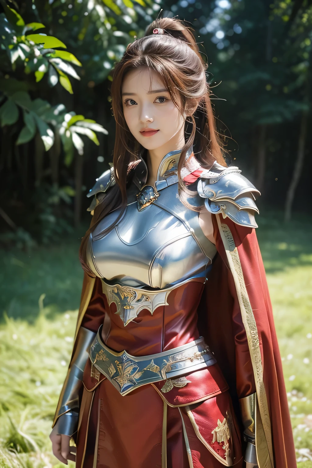 masterpiece，Best quality，A high resolution，8K，Original photo，real photo，Ancient city wall battlefield background,((field：1.8))，digital photography，(Female generals on the battlefield in the Han Dynasty)，(((standing on the grass)))，18-year-old girl，（long ponytail hairstyle)，cparted lips，Full and erect breasts，Noble and charming，Elegant and serious，(Thick metal fish scale armor），Long red cape，The combination of white metal and red leather，Chest covered with gold armor，metallic luster，Leather buckle，Exquisite pattern，mysterious badge，Cool and gorgeouig breasts))，Chest groove，Three Kingdoms character painting style，Photo pose，oc render reflection texture，bright shades，No shadows on the face，charming smile，Head-up shot，