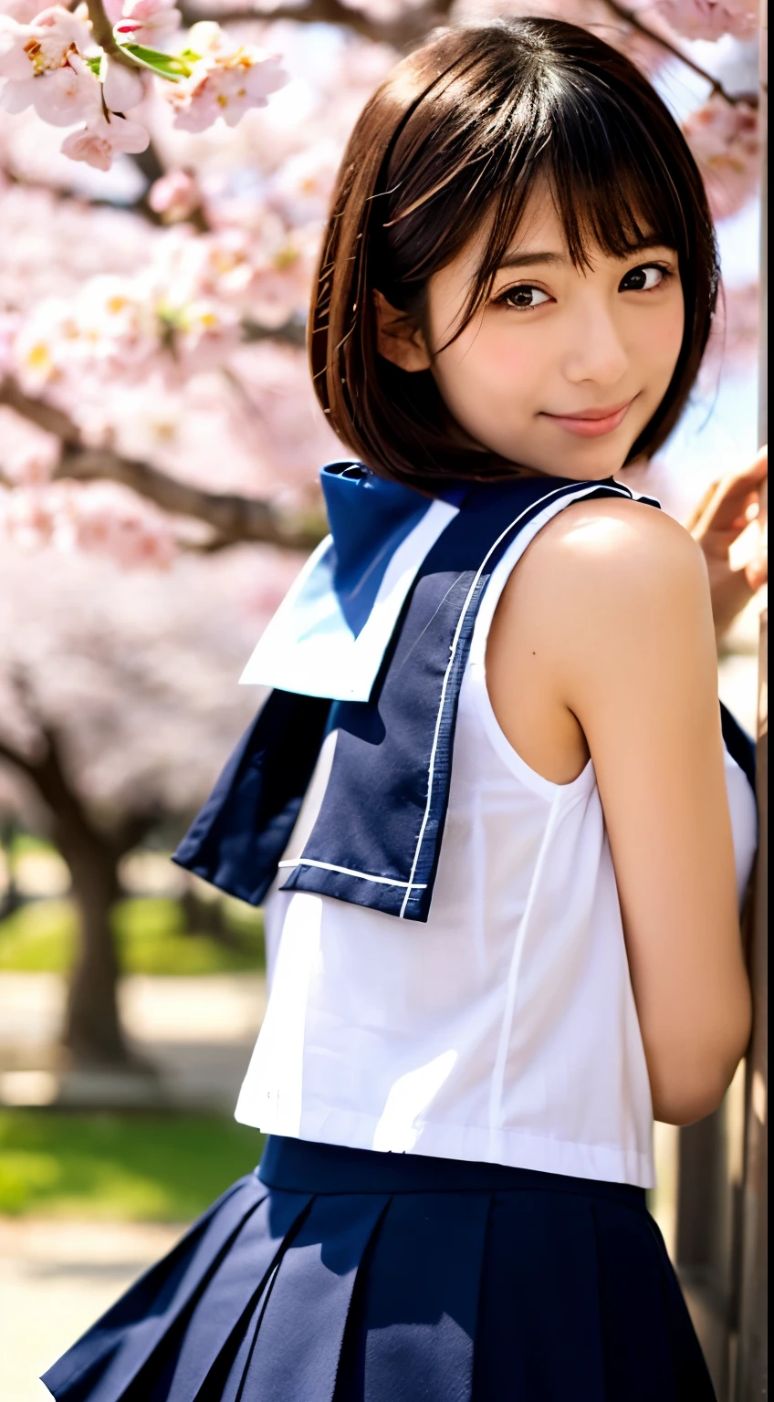 (((beautiful japanese high school girl))) 、1 person、short hair、(((At the cherry blossom trees in bloom)))、doing a sexy pose、(((A revealing sleeveless red sailor suit)))、(((super mile))、photorealistic、With a clearer image、beautiful detailed eyes、hyper realism、high contrast、Ultra HD、realistic skin texture、Highest image quality、highest quality、ultra high resolution、Finely detailed、very carefully