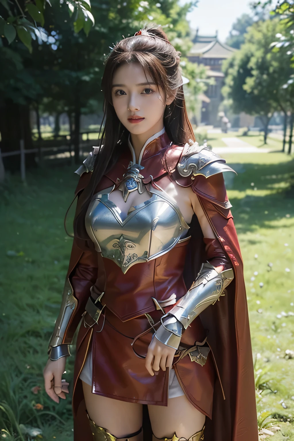 masterpiece,Best quality,A high resolution,8K,Original photo,real photo,Ancient city wall battlefield background,((field:1.8)),digital photography,(Female generals on the battlefield in the Han Dynasty),(((standing on the grass))),18-year-old girl,(long ponytail hairstyle),cparted lips,Full and erect breasts,Noble and charming,Elegant and serious,(Thick metal fish scale armor),Long red cape,The combination of white metal and red leather,Chest covered with gold armor,metallic luster,Leather buckle,Exquisite pattern,mysterious badge,Cool and gorgeouig breasts)),Chest groove,Three Kingdoms character painting style,Photo pose,oc render reflection texture,bright shades,No shadows on the face,charming smile,Head-up shot,