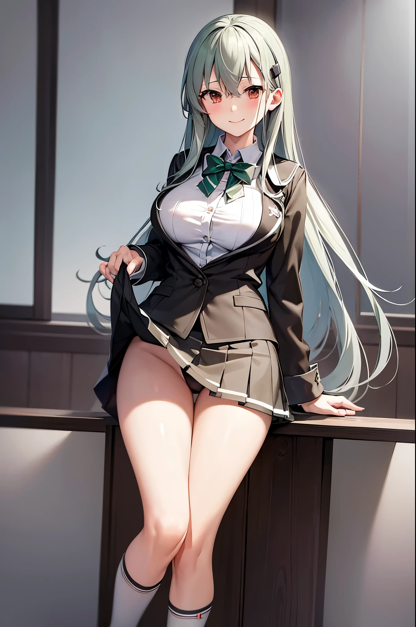 masterpiece,high resolution、((Kantai Collection Suzuya))、uniform、knit、mini skirt、knee socks、high school girl、20th generation、Elegant beauty、big breasts、white skin、black underwear、[[fleshy]]、Standing and staring at me、bewitching smile
