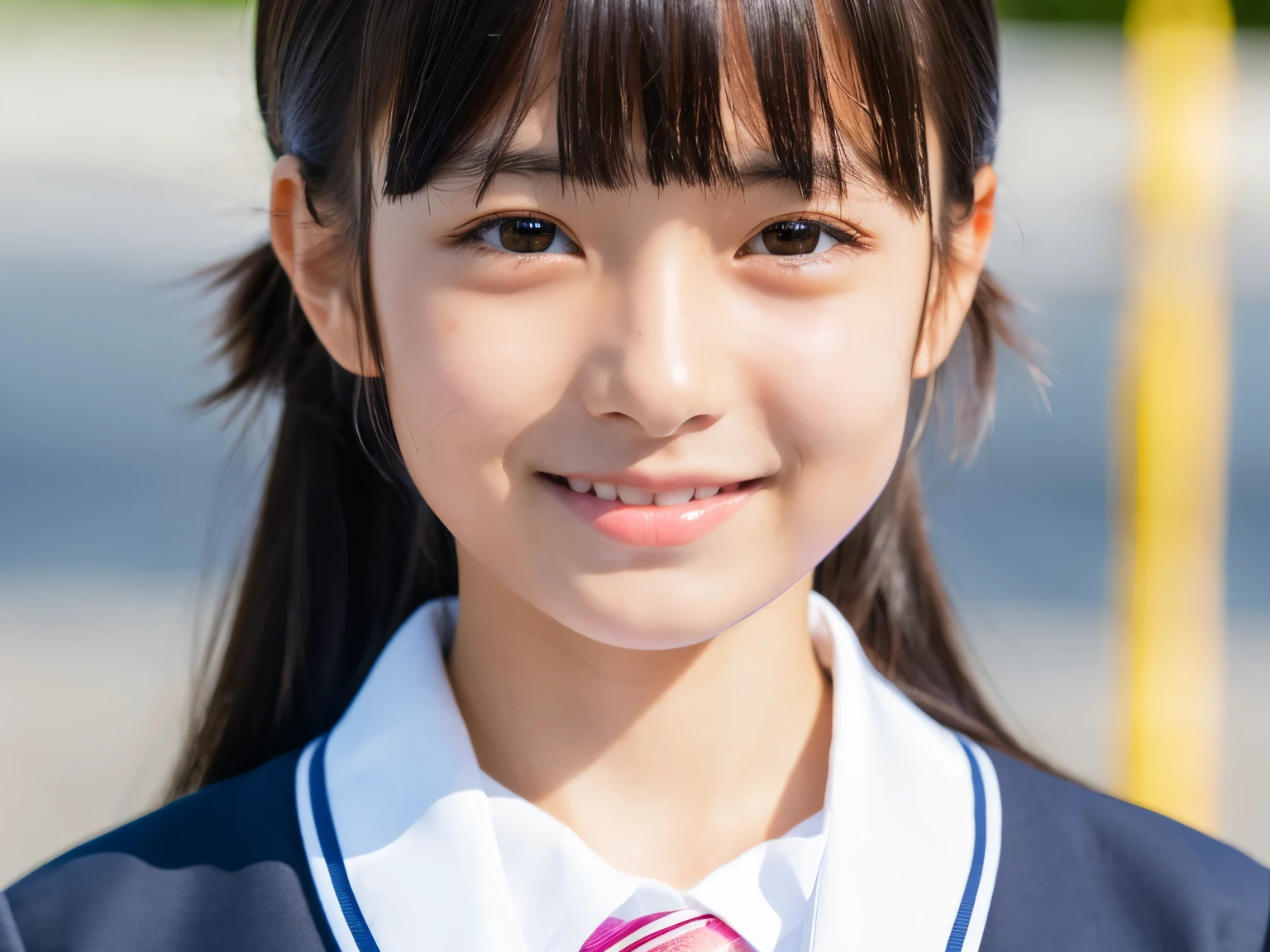 1 girl, alone, japanese girl, , (highest quality, realistic, High resolution, 8k, super detailed, detailed face, shiny skin), japanese school uniform, collared shirt, white shirt, ribbon tie, black hair, choppy bangs, ponytail,Vibrant,smile,Look a little farther away